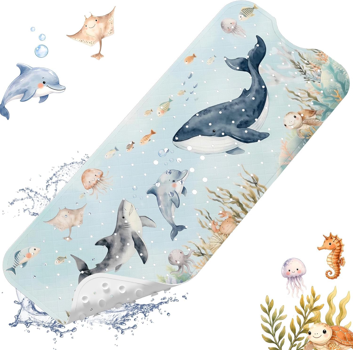 XIYUNTE Baby Bath Mat Non Slip Anti Mould, 100x40cm Extra Long Bathtub Mat Anti Slip Shower Mat with Suction Cups and Drain Holes, Cartoon Patterned for Kids, Machine Washable, Dolphin — image 1