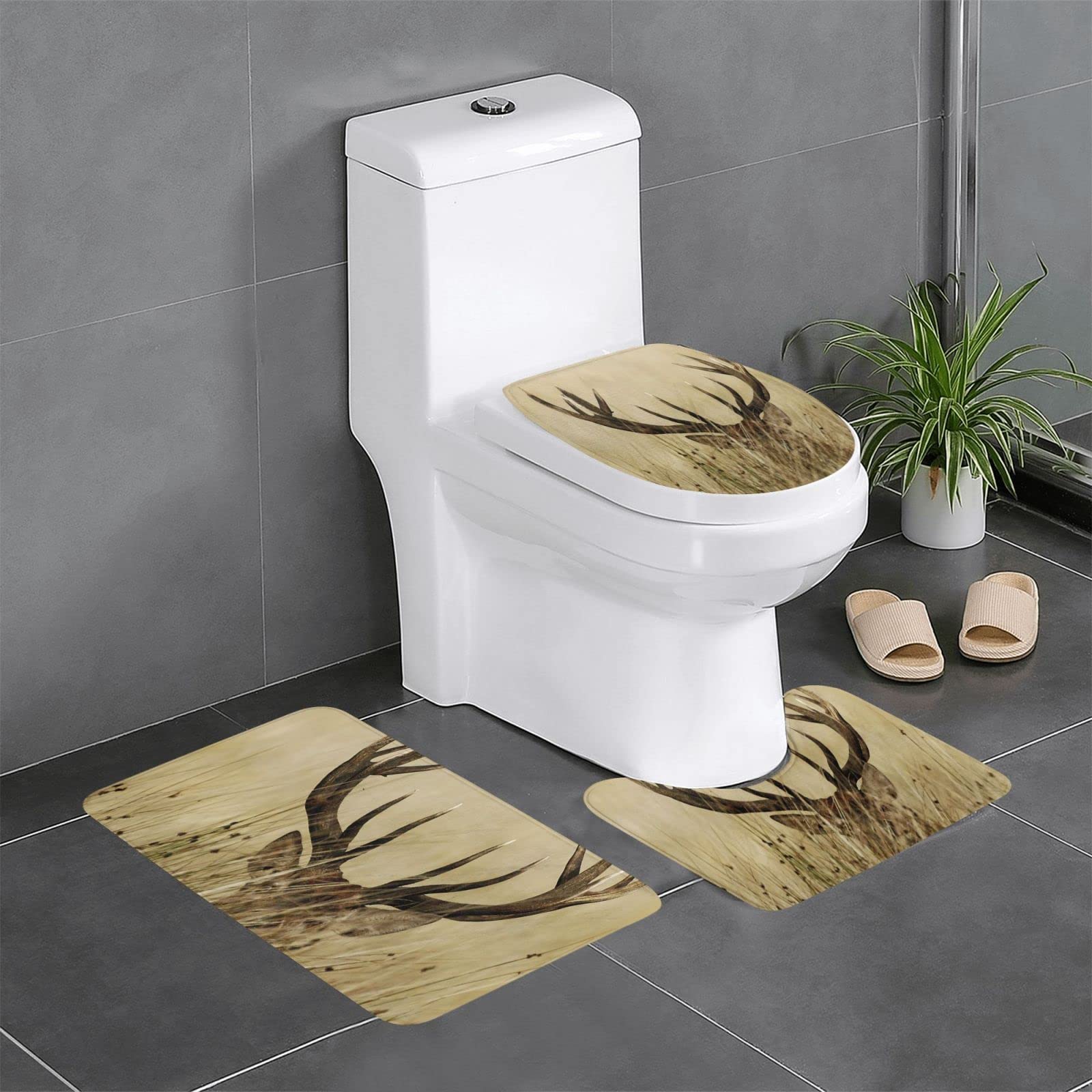 Tapis de salle de bain cerf motif nature ensemble complet trois pièces