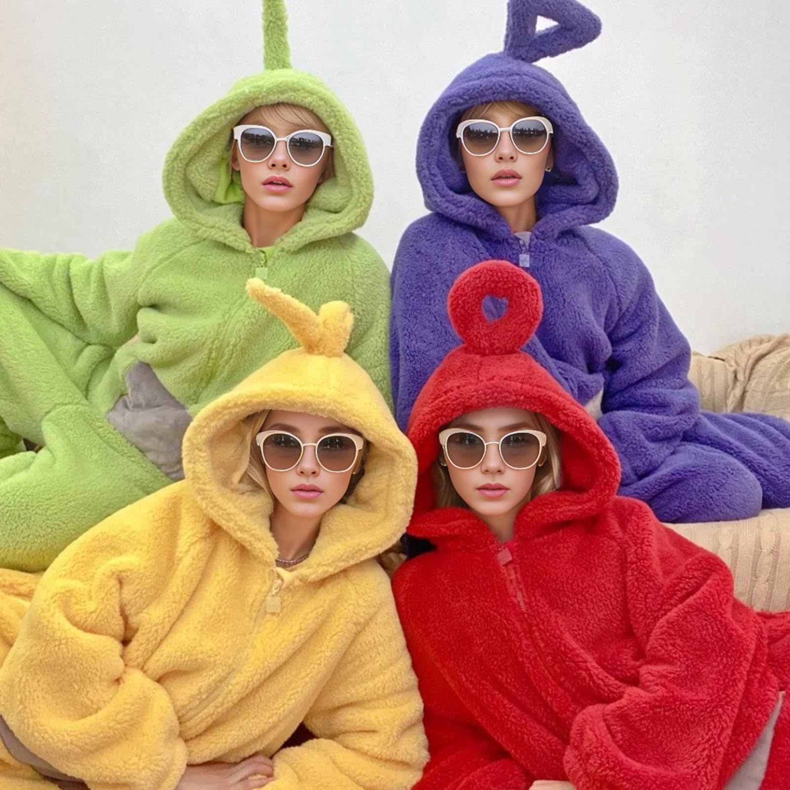 Disfraz de Teletubbies para adultos, pijama largo de una pieza para mujer, unisex, estilo animal, cosplay, ropa para casa de forro polar con capucha, ideal para fiestas y como ropa de noche