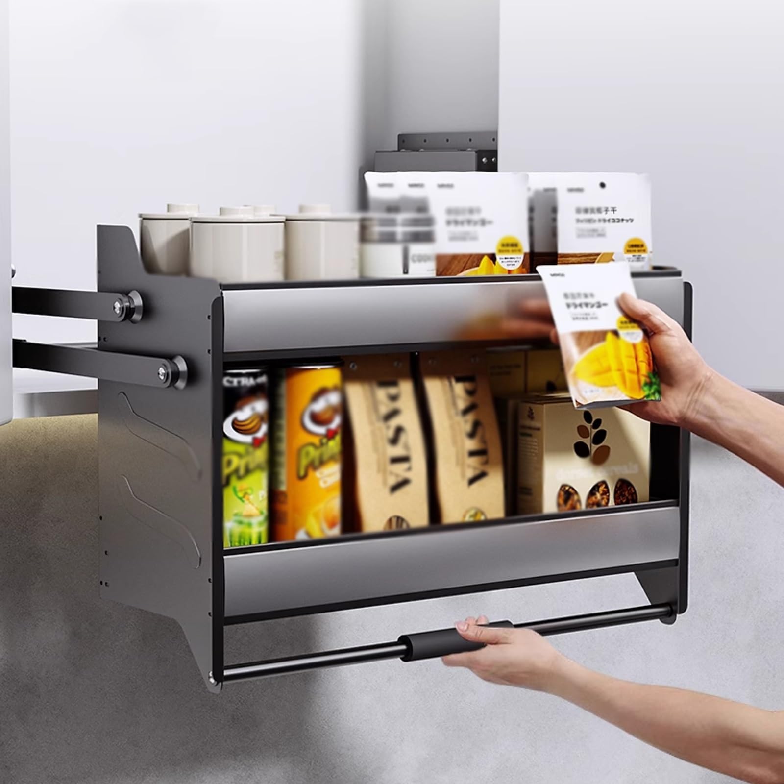 Cestello Portaoggetti da Cucina con Meccanismo di Sollevamento Organizer per Bottiglie di Spezie Grande Capacità di Carico Appendibile (56.3 cm) Ottimizza il Tuo Spazio!
