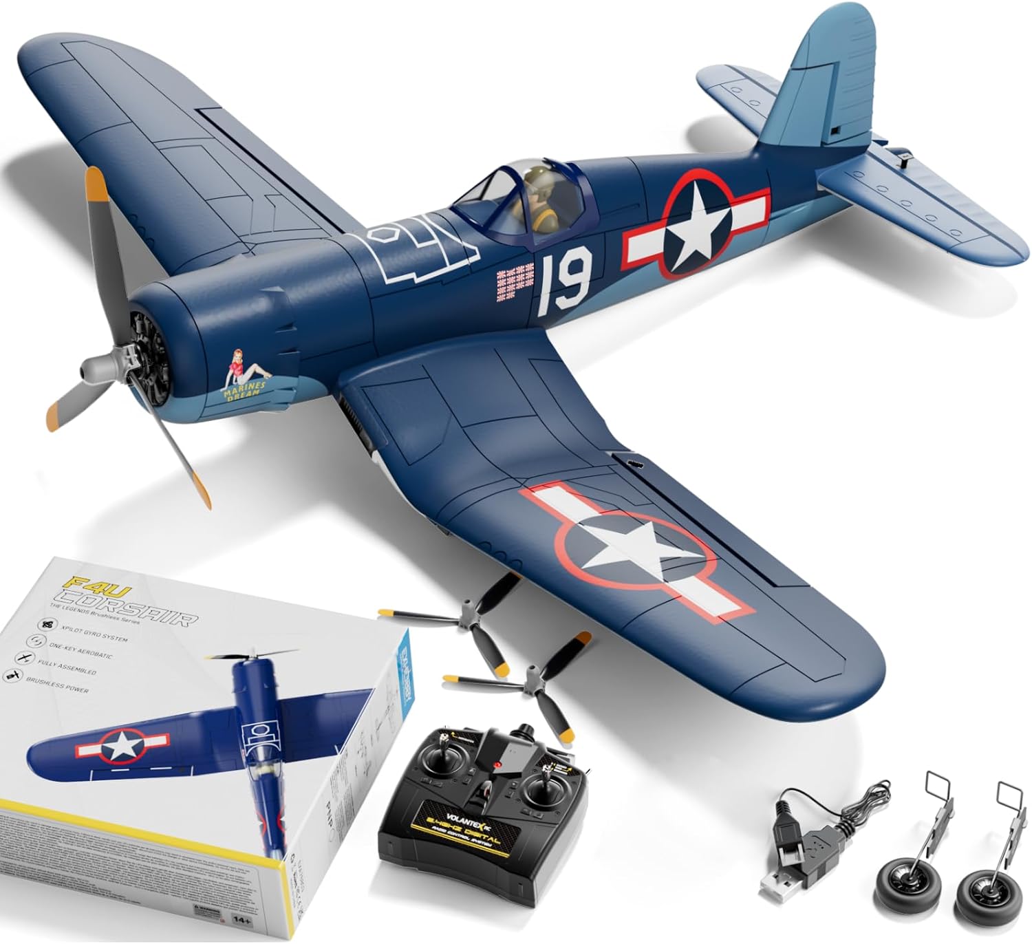 LEAMBE Brushless 4 Channel RC Plane F4U Corsair 500mm Remote Control Airplane Fighter RTF with 6-Axis Gyro, 3 Modes & Aerobatics for Beginners & Adults Brushless F4u Corsair