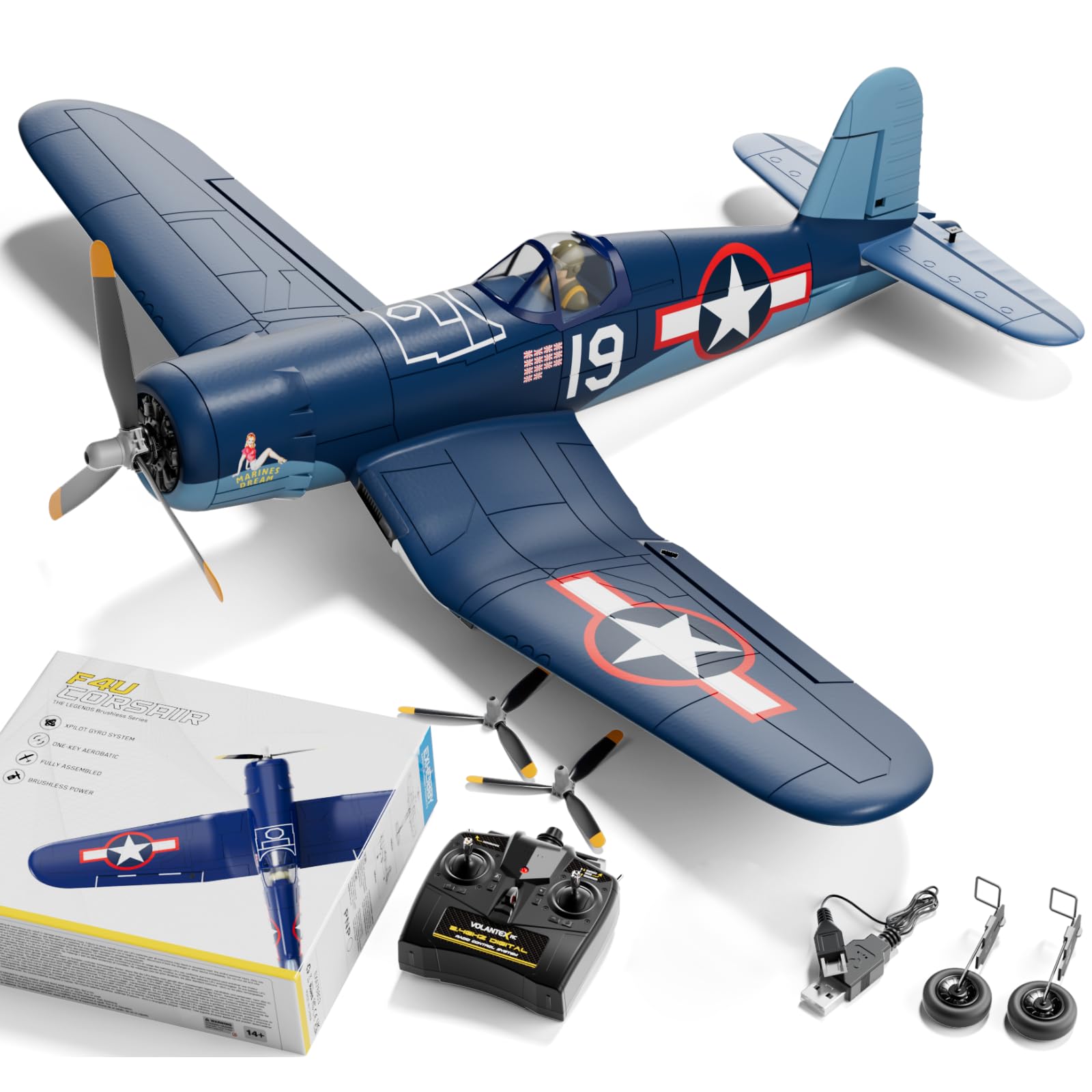 LEAMBE Brushless 4 Channel RC Plane F4U Corsair 500mm Remote Control Airplane Fighter RTF with 6-Axis Gyro, 3 Modes & Aerobatics for Beginners &