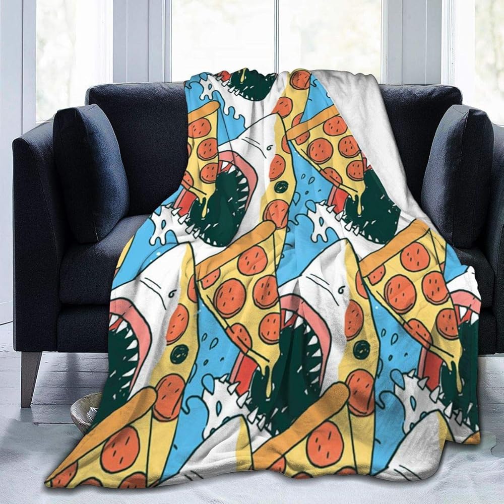 Couverture Pizza Shark Couverture Polaire Haute Gualité Couverture en Peluche Confortable Plaid pour Canapé pour Canapé Toutes Les Saisons Voyage en Plein L