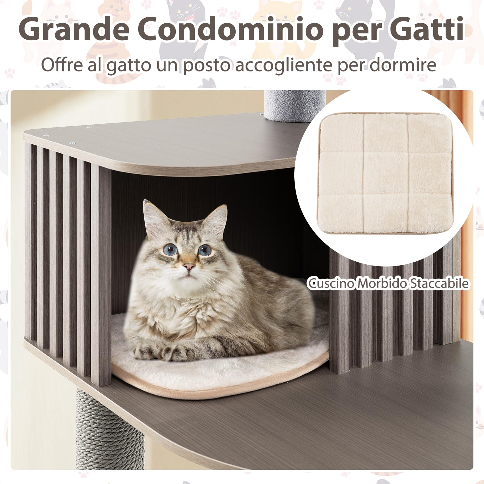 COSTWAY Albero per Gatti a 6 Livelli, Torre per Gatti Alta 171 cm con Cuscino, Condominio, Tappetini Staccabili e Pannello in Sisal, Albero Tiragraffi in Legno con Palla Pompom Appesa