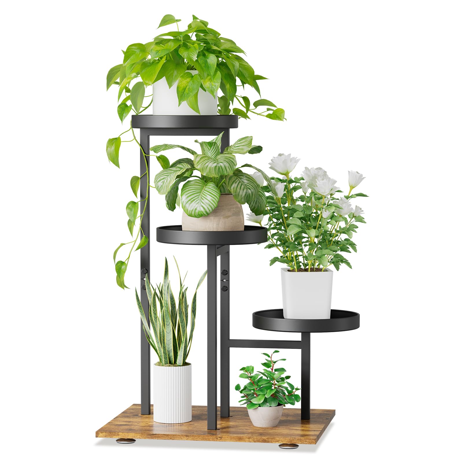 idavosic.ly 3 tier plant stand indoor, tiered corner flower holder shelf outdoor, metal tall orchid display rack for patio porch garden balcony office living room, modern black & rustic brown