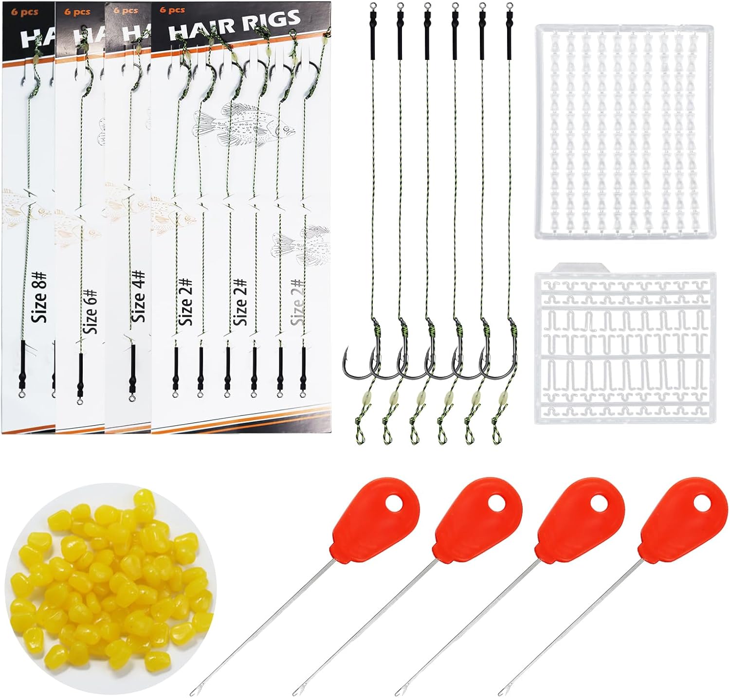 130 PCS Carp Fishing Hair Rigs Bait Carp Rigs Kit Includes 24 High Carbon Steel Curved Barbed Hook& 100 Corn Baits& 4 Needles & 2 Tackle Boards