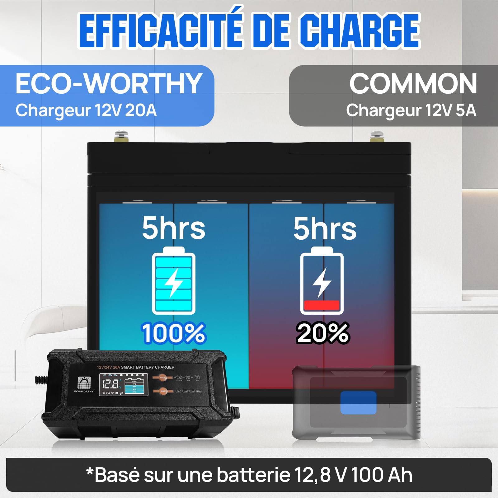 ECO-WORTHY 12V/24V 20A Chargeur de Batterie LiFePO4 avec Options Multi-Courant 5A/10A/15A/20A,détection Automatique de la Tension de la Batterie Plomb-Acide LiFePO4