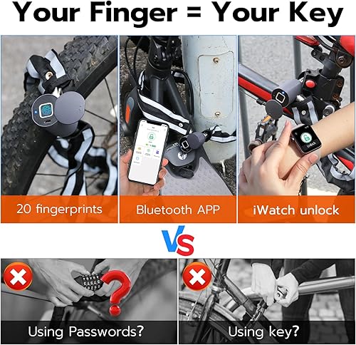 Miniatura 2 de Cerradura de cadena para bicicleta de huellas dactilares, bloqueo de bicicleta Bluetooth impermeable, biométrico sin llave, resistente, antirrobo