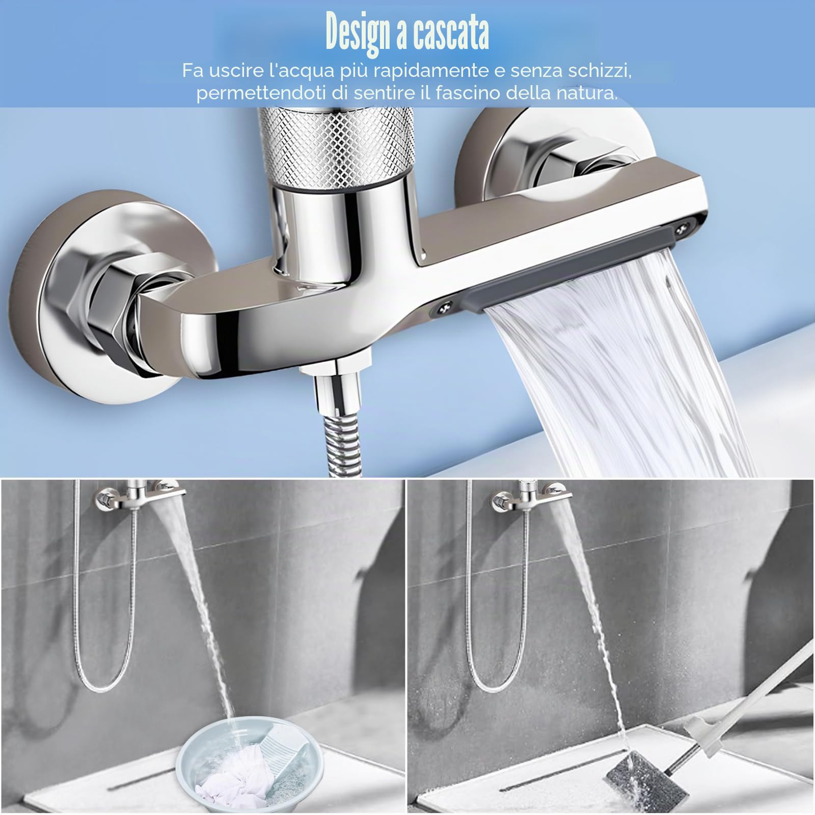 Rubinetto Vasca Doccia Termostatico a Parete, Bocca a Cascata Rubinetto per Doccia, Corpo in Ottone Cromato, Maniglia Regolabile, Standard G1/2 per Bagno Moderno