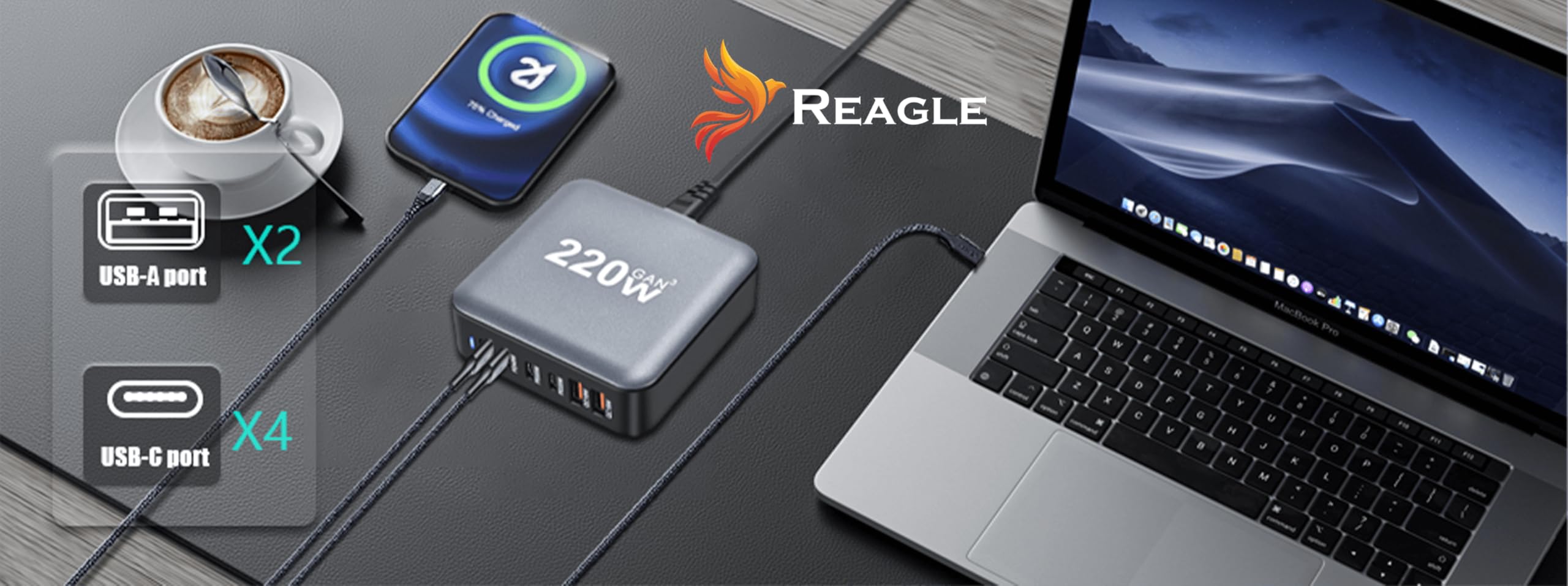Reagle GaN - Caricatore rapido USB-C da 220 W, 6 porte, con Power Delivery, QC 3.0, per laptop, iPhone, tablet, protezione multipla, potente e sicuro per i viaggi e la casa