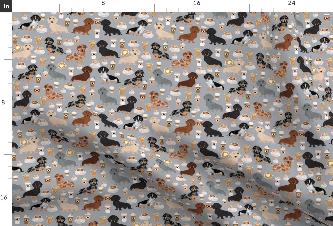 Spoonflower Fabric - Dachshund Coffee Coffees Grey Dog Dogs Latte Food Puppy Pet Portrait Printed on Minky Fabric by The Yard - Sewing Baby Blankets Quilt Backing Plush