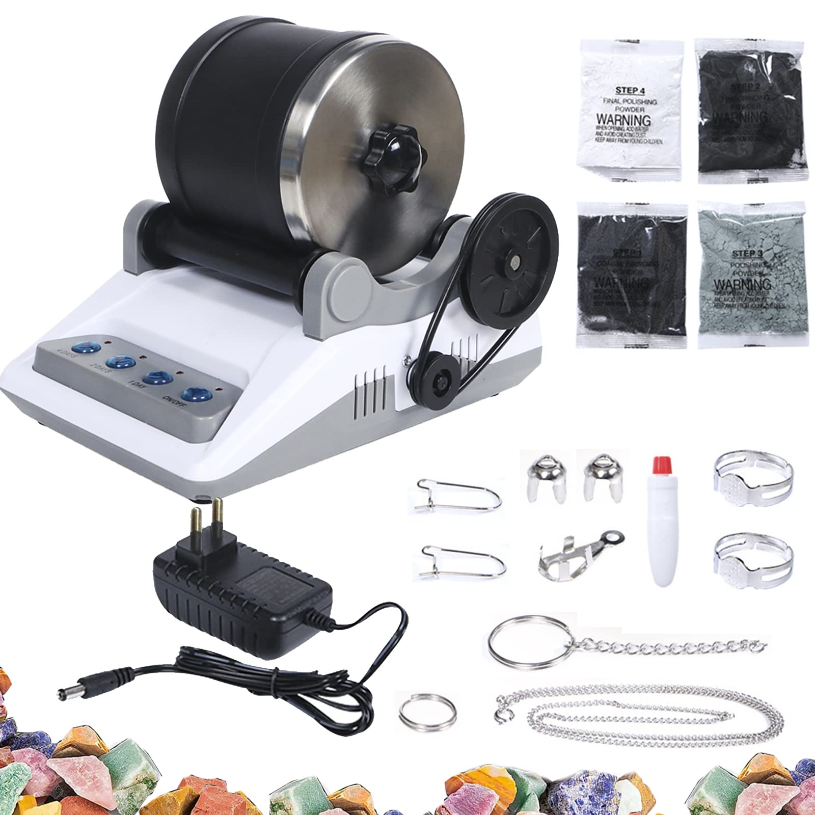 Rock Tumbler Kit, Professionelles Steinbecher Set Poliertrommel Steintrommel Steinschleifmaschine Rock Polisher 7 Tage Zeitmessung Funktion 4 Arten Polierpulver