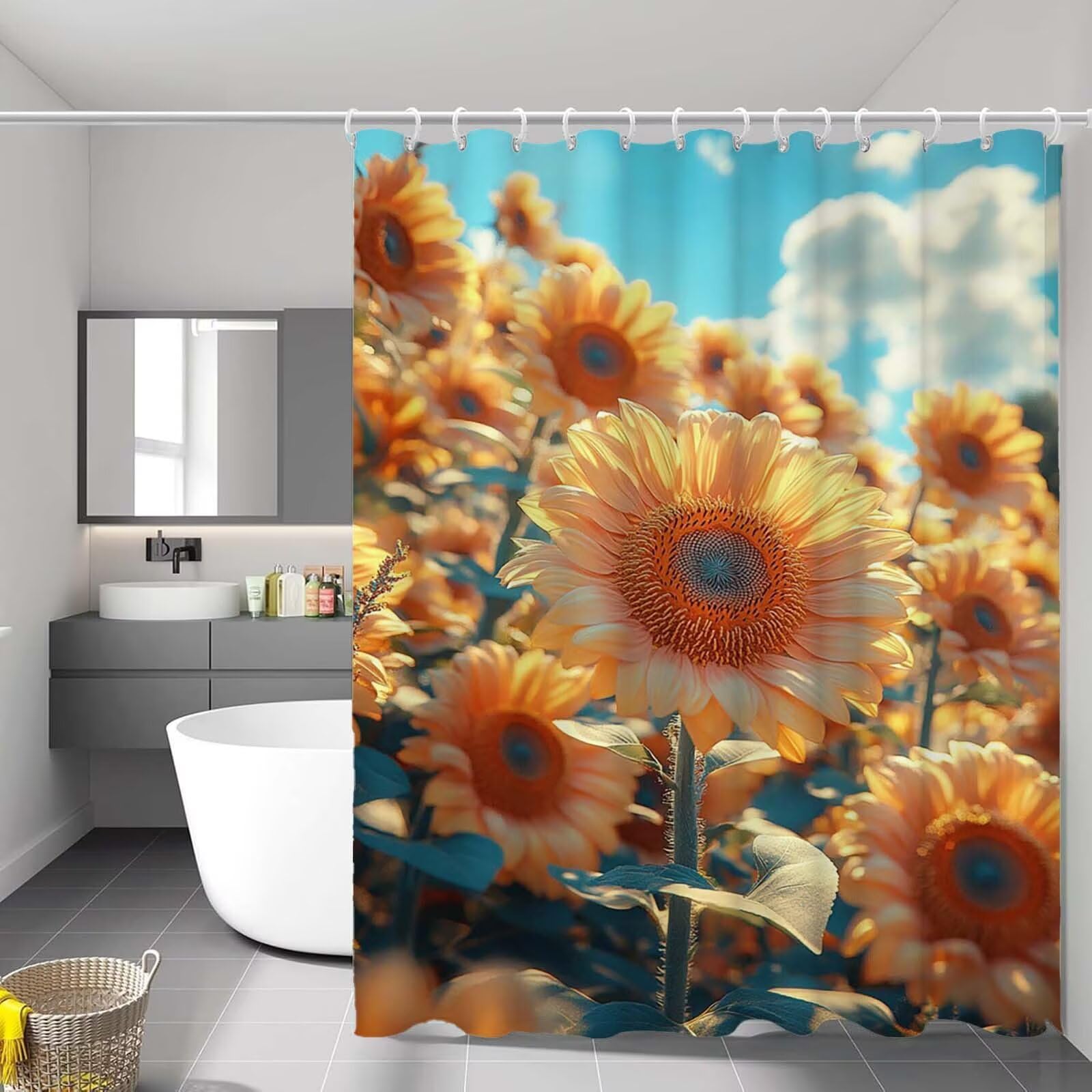 Rideau de douche tournesol 90x180 cm imperméable avec crochets pour baignoire