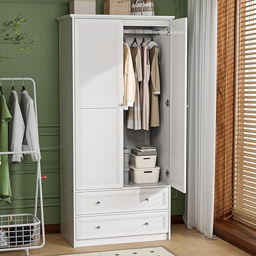 Miniatura 8 de VINGLI Armario Armario con puertas y cajones, Armario para armarios de dormitorio, Armario blanco con cajones, 33.8 pulgadas de ancho x 19.6