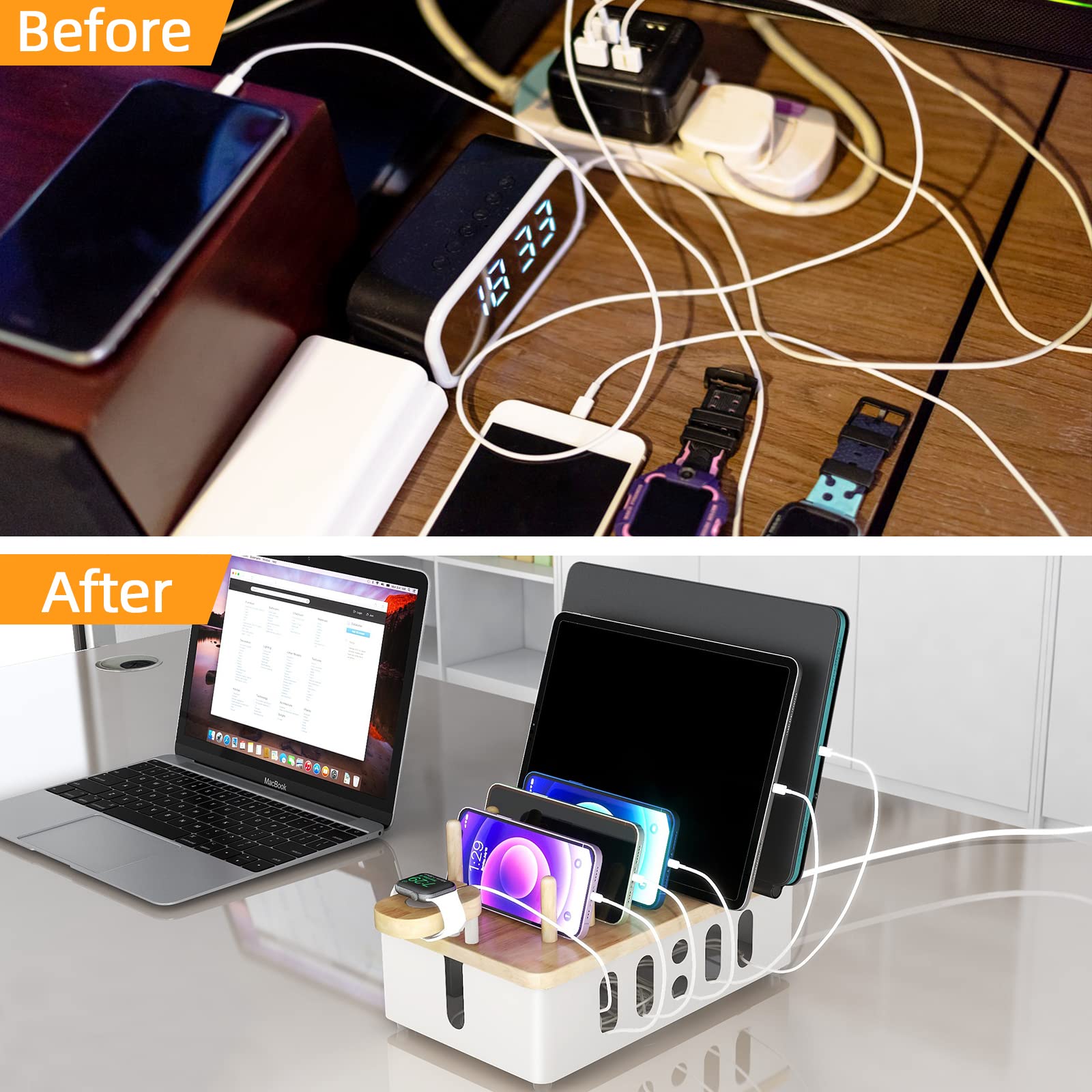 Station de charge pour plusieurs appareils Apple, nouvelle station de charge en bois pour téléphone, tablette, montre intelligente, organiseurs de bureau, organiseur de périphériques, blanc