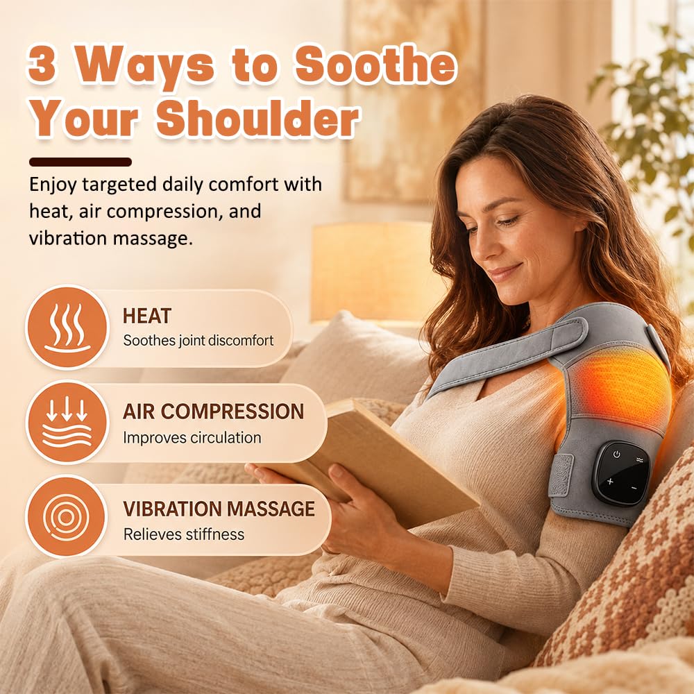 Masseur d'Épaule Sans Fil 5 Niveaux de Chauffage 3 Modes de Vibration Écran Tactile Design Ajustable Portable Gris