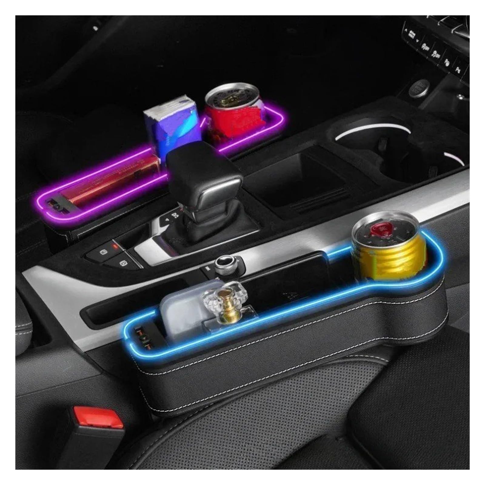 Expansor De Portavasos Caja De Almacenamiento para El Hueco del Asiento del Coche con 2 Cargadores USB Y Luz LED Soporte para Bebidas(Black A)
