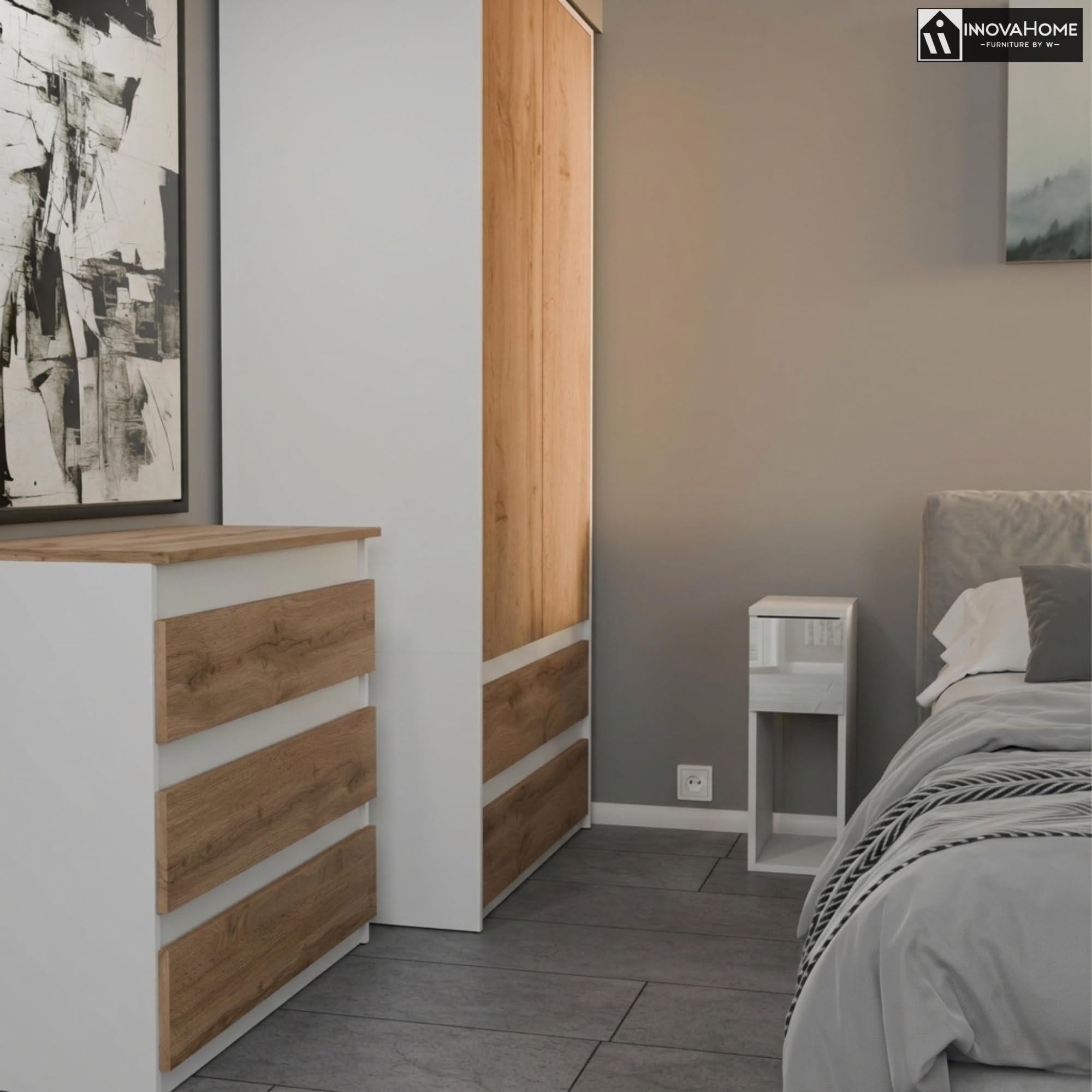 INNOVAHOME Nachttisch Schmal, Weiß Hochglanz, 20cm | Platzsparend, Tiefe 25cm Schublade, Beistelltisch für kleine Räume, Made in EU