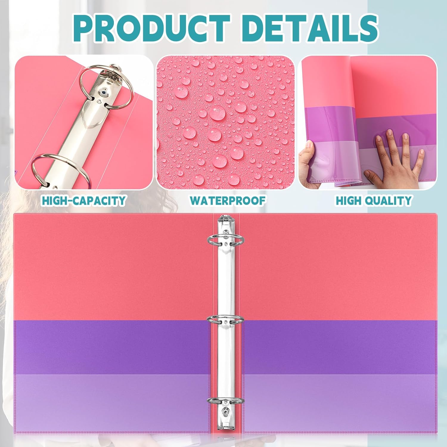 Henoyso 4 Pack Two-Tone View 3 Ring Binder, 2 Inch Round Ring Binder with Four Inner Pockets, Heavy Duty View Binders for School and Office, Pink, Teal, Purple and Lime (Clear Font Pocket)
