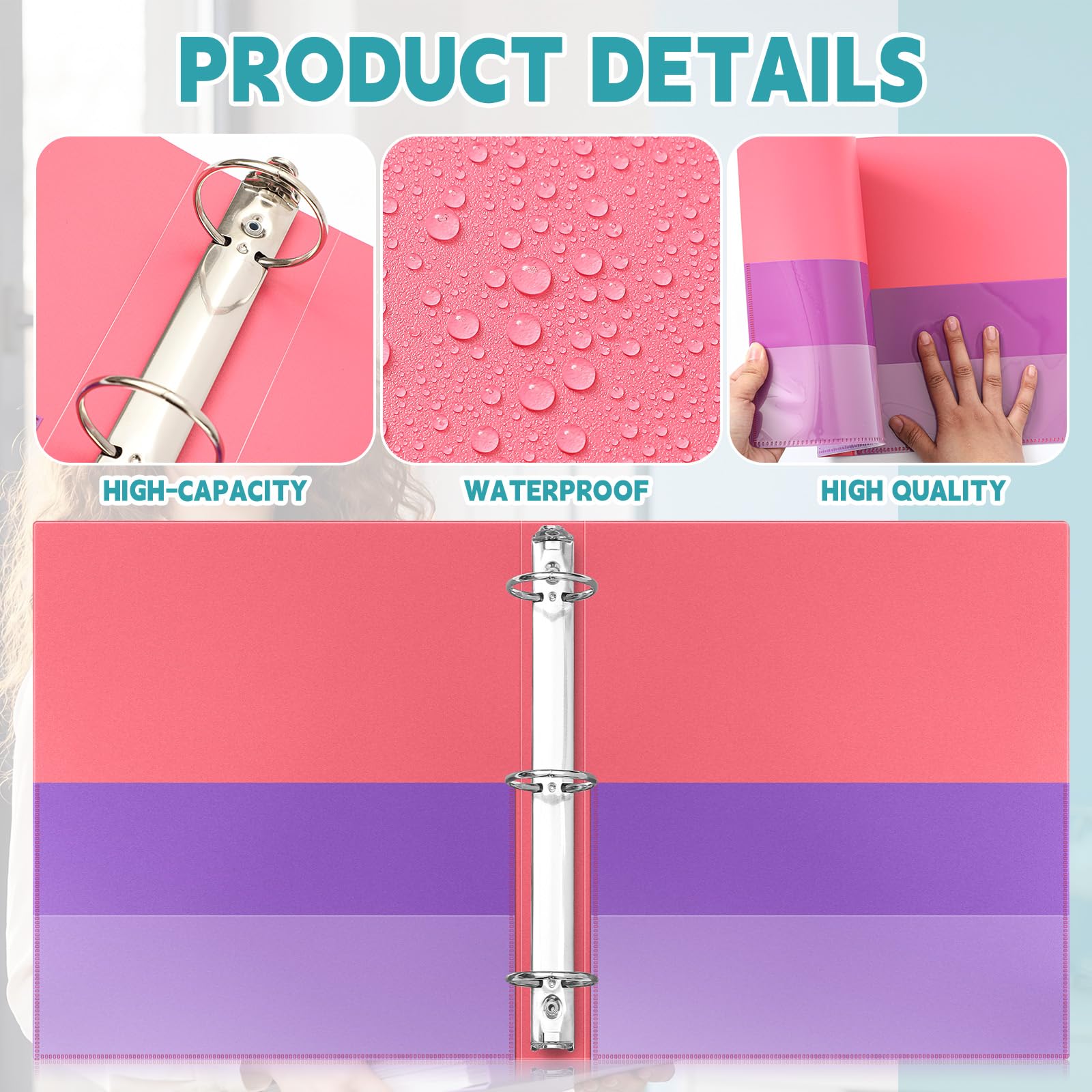 Henoyso Lot de 4 classeurs bicolores à 3 anneaux, ronds de 3,8 cm avec quatre poches intérieures, classeurs très résistants pour l'école et le bureau, rose, bleu sarcelle, violet et citron vert (poche