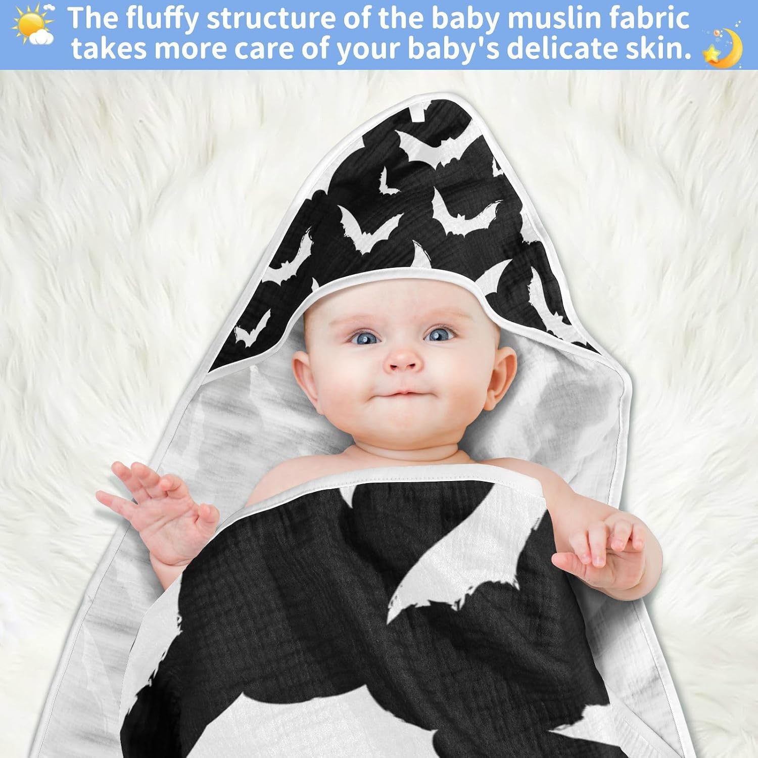 Moudou Bat Baby Hooded Towel, Ultra Soft Absorbent Cotton Baby Bath Towel for Newborn Toddler Boys Girls, 30 x 30 Inch