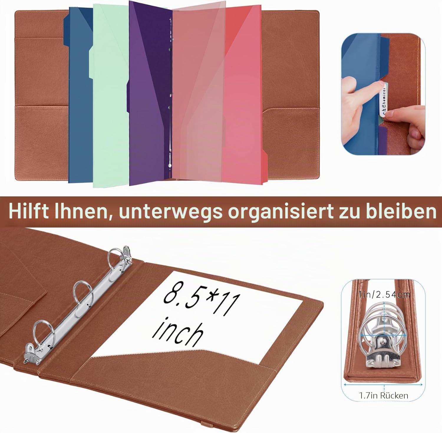 HAUTOCO Klemmbrett A4 Ordner, Ringbuch Mit 3 Ringen 25 mm, PU Leder Ringordner Schmal, Aktenordner Mit 5 Dokumententaschen, Klemmbrett Mit Deckel für Studium, Büro, Braun
