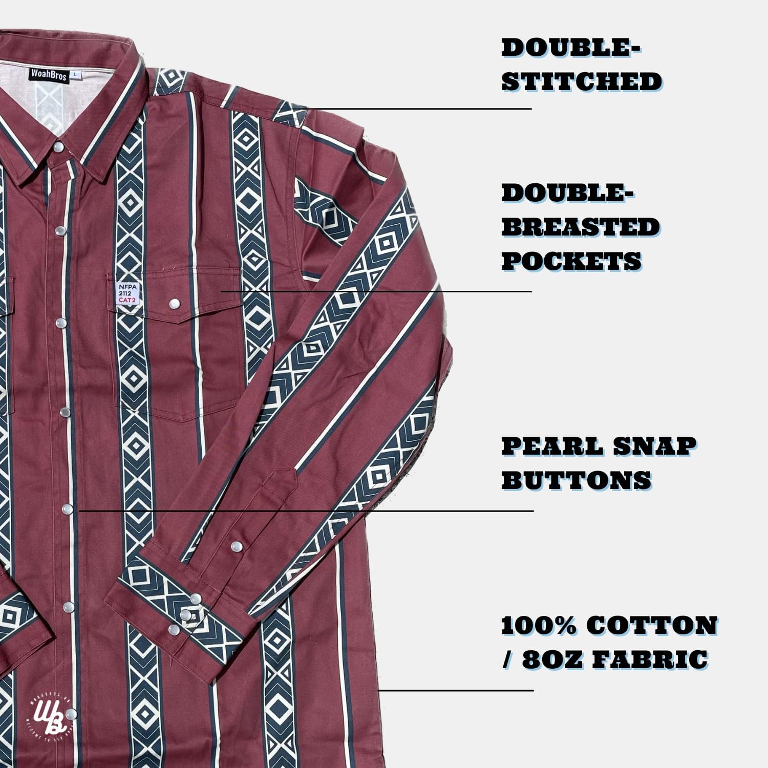 WoahBros FR Shirts for Men, 8oz Midweight Flame Resistant Welding Shirt, 100% Cotton, Pearl Snap Buttons - CAT2/NFPA2112
