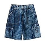 Men's Vintage Denim Shorts Prints Stained Loose Thin Washed Cargo Multiple Pockets Jean Shorts