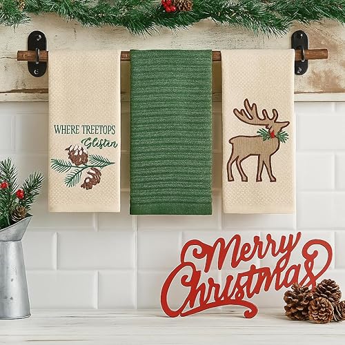 Vista 183 de Serafina Home Toallas de cocina navideñas navideñas: dos muñecos de nieve Be Jolly espiga y un muñeco de nieve bailarín, 3 piezas, tejido plano 100%