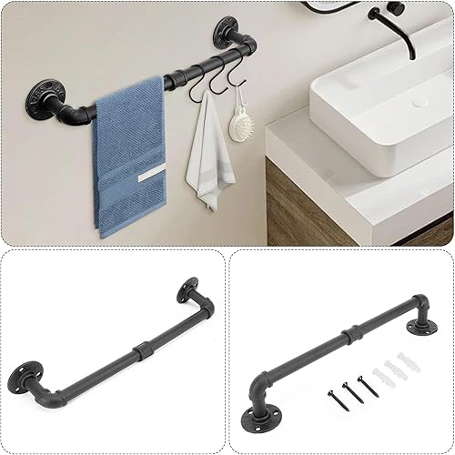Miniatura 8 de Kit de 4 piezas de anillo de toalla de baño de tubería industrial, kit de accesorios de montaje en pared, incluye gancho para bata, toallero y