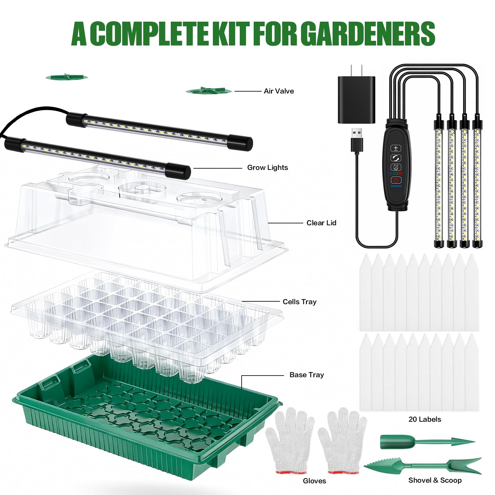 joyhalo Bandeja de inicio de semillas con luz de crecimiento, paquete de 2 80 celdas, kit de inicio de plantas gruesas con cúpula de humedad, kit de germinación de brillo ajustable, bandejas de