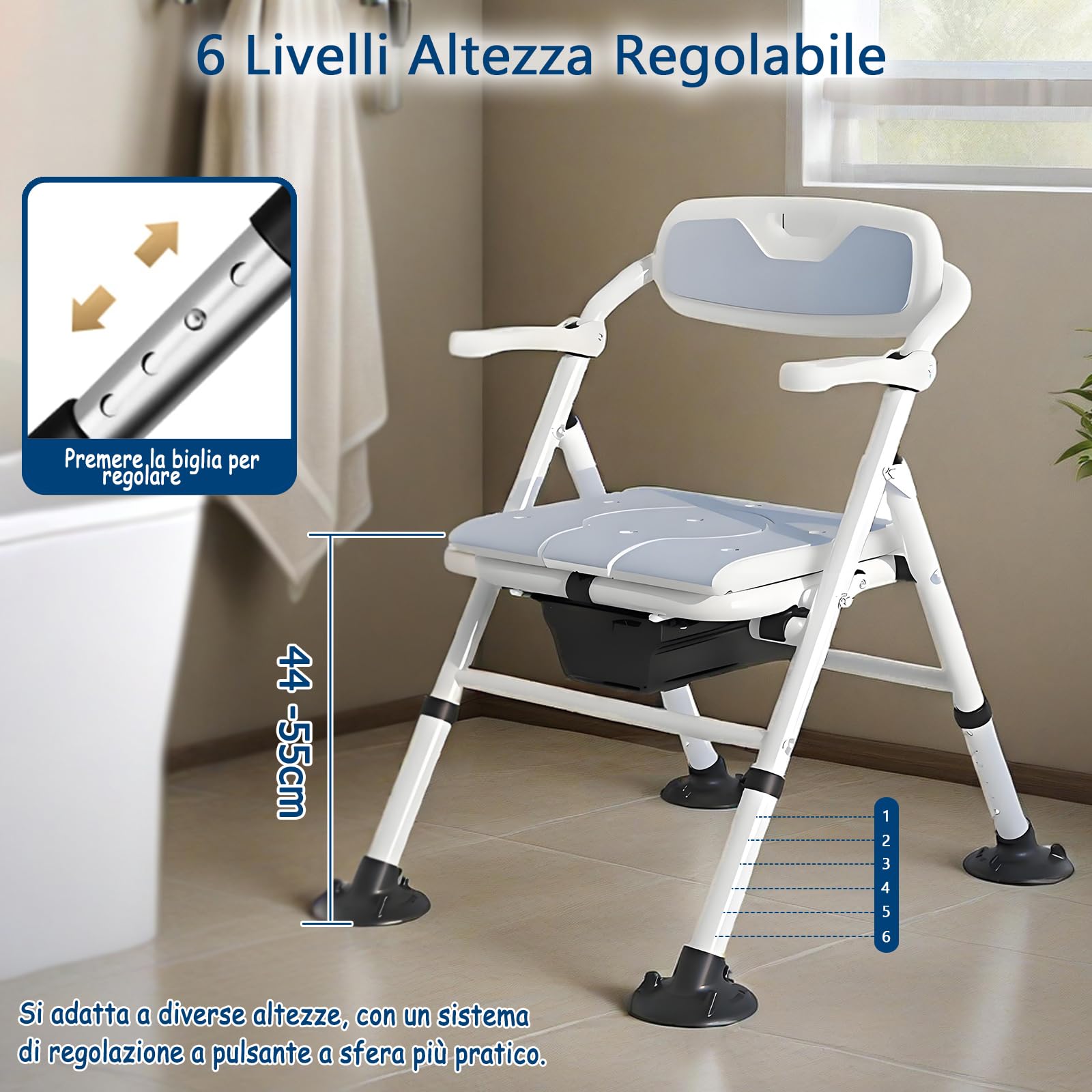 Comoda WC per Anziani, Sedia Doccia Anziani Pieghevole in Alluminio, Sedia Water Portatile Adulti Regolabile in Altezza con Braccioli Ribaltabili e Piedini Antiscivolo