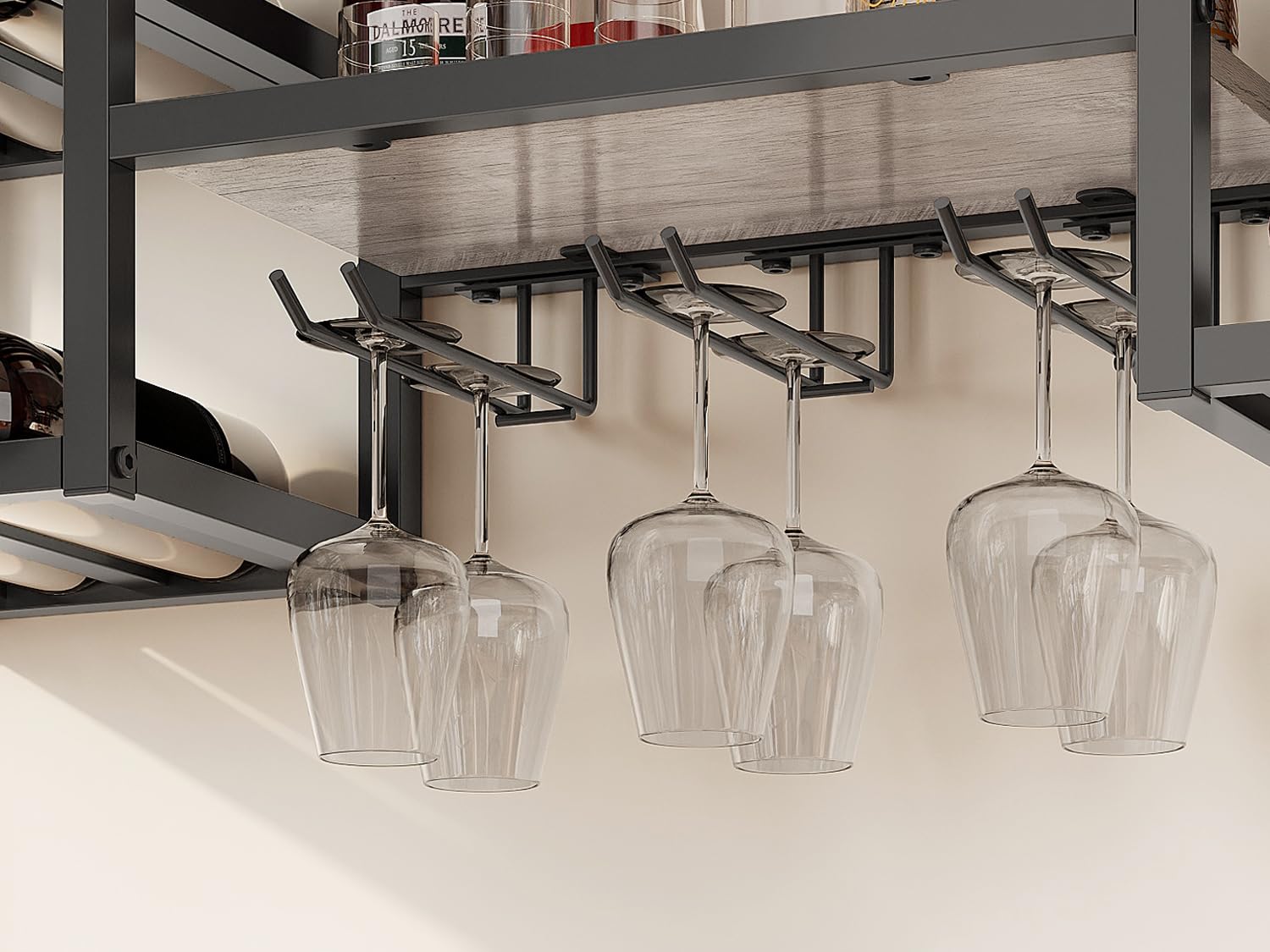 VEDECASA Portabottiglie a Parete, 3 Livelli Portabottiglie a Parete con 6 Supporti per Bicchieri, Supporto per Espositore di Vino a Parete, Portabottiglie Multifunzionale a Parete per Bar, Cucina