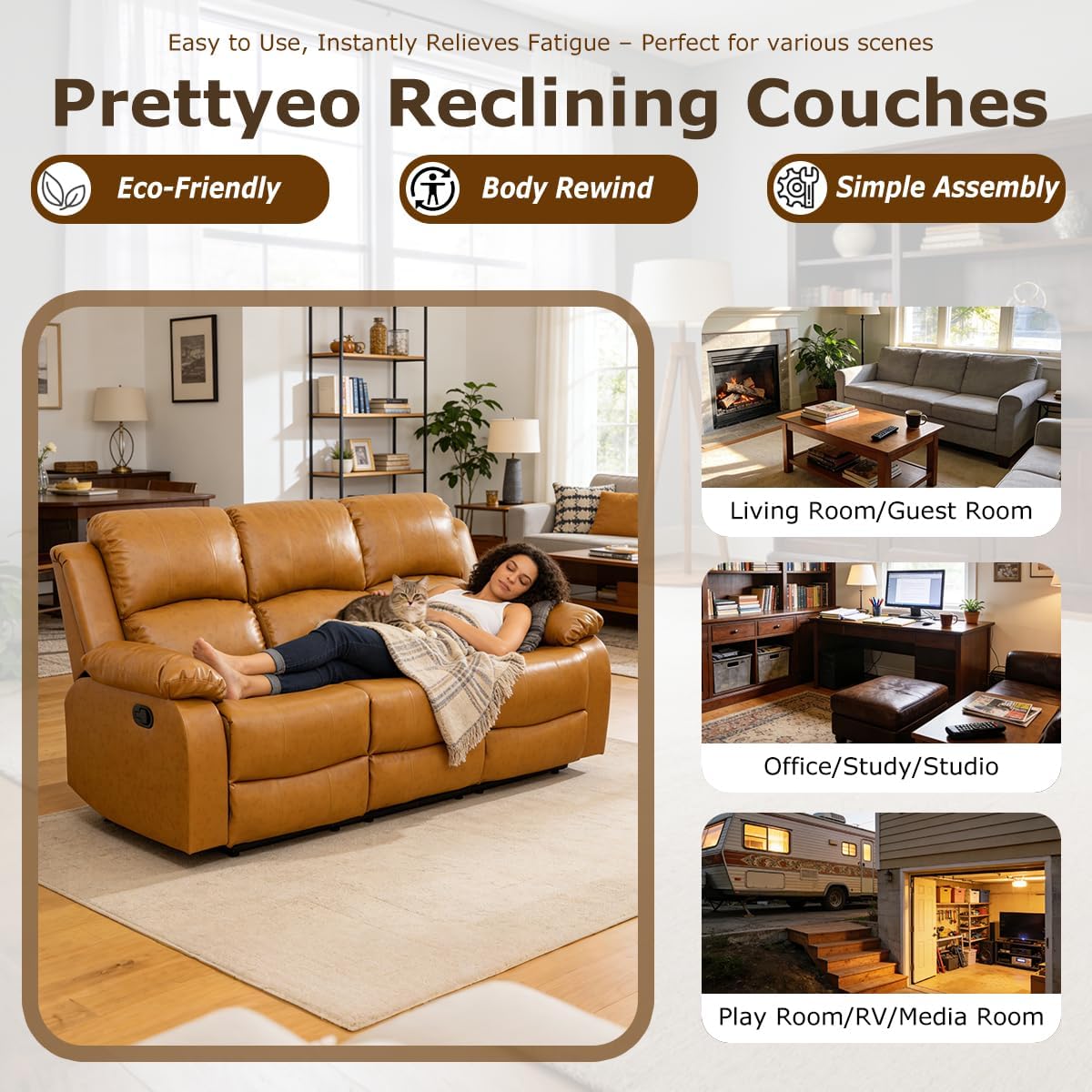 Faux Leather Recliner Sofa Set, Living Room Furniture Sets, Manual Reclining Couch Set, Classic Reclining Loveseat and 2 Recliner Chairs with Cup Holders/Storage for Home/Office/RV, Ginger