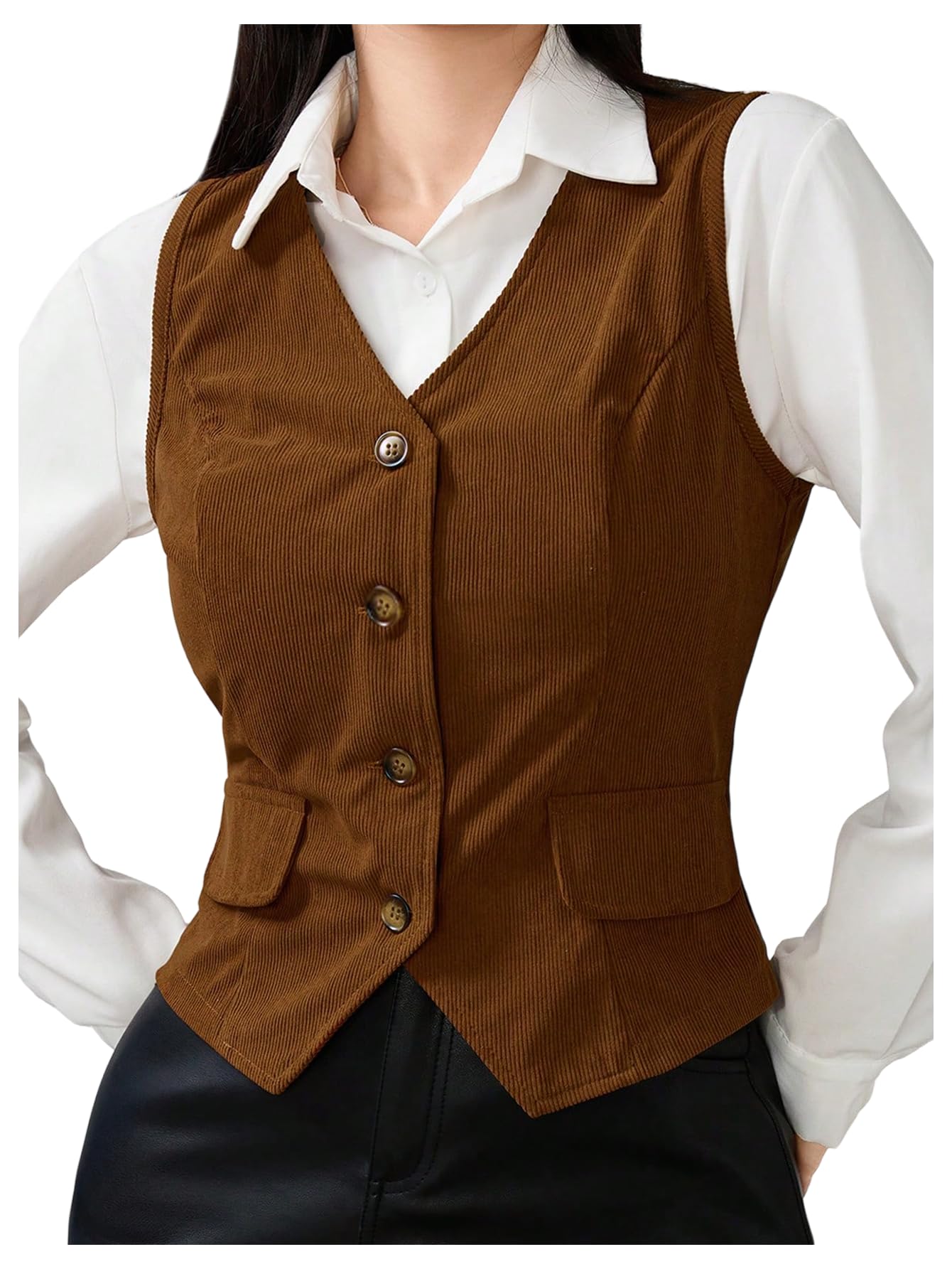 SHENHE Womens Brown Blazer Vest Button Front Fitted Casual Sleeveless Waistcoat Coffee Brown Large