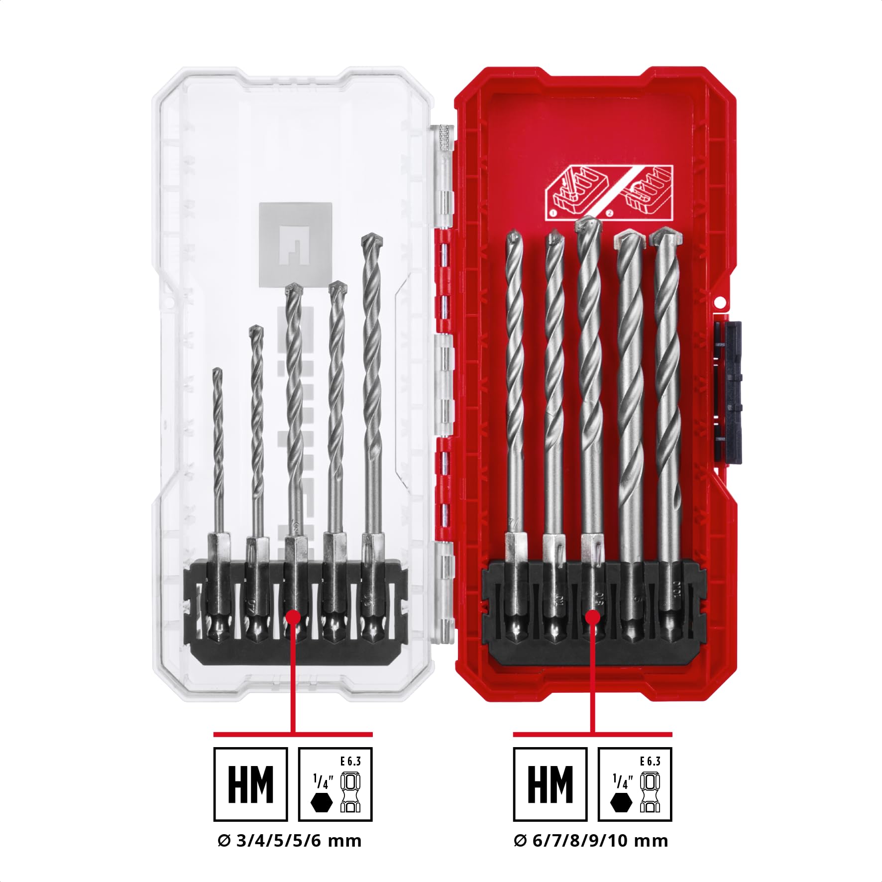 Set di punte per muratura originale Einhell S-CASE da 10 pezzi (secondo DIN 10083-2 in acciaio per utensili, gambo E 6,3, punta in metallo duro, mandrino a rullini, inclusa scatola di custodia)