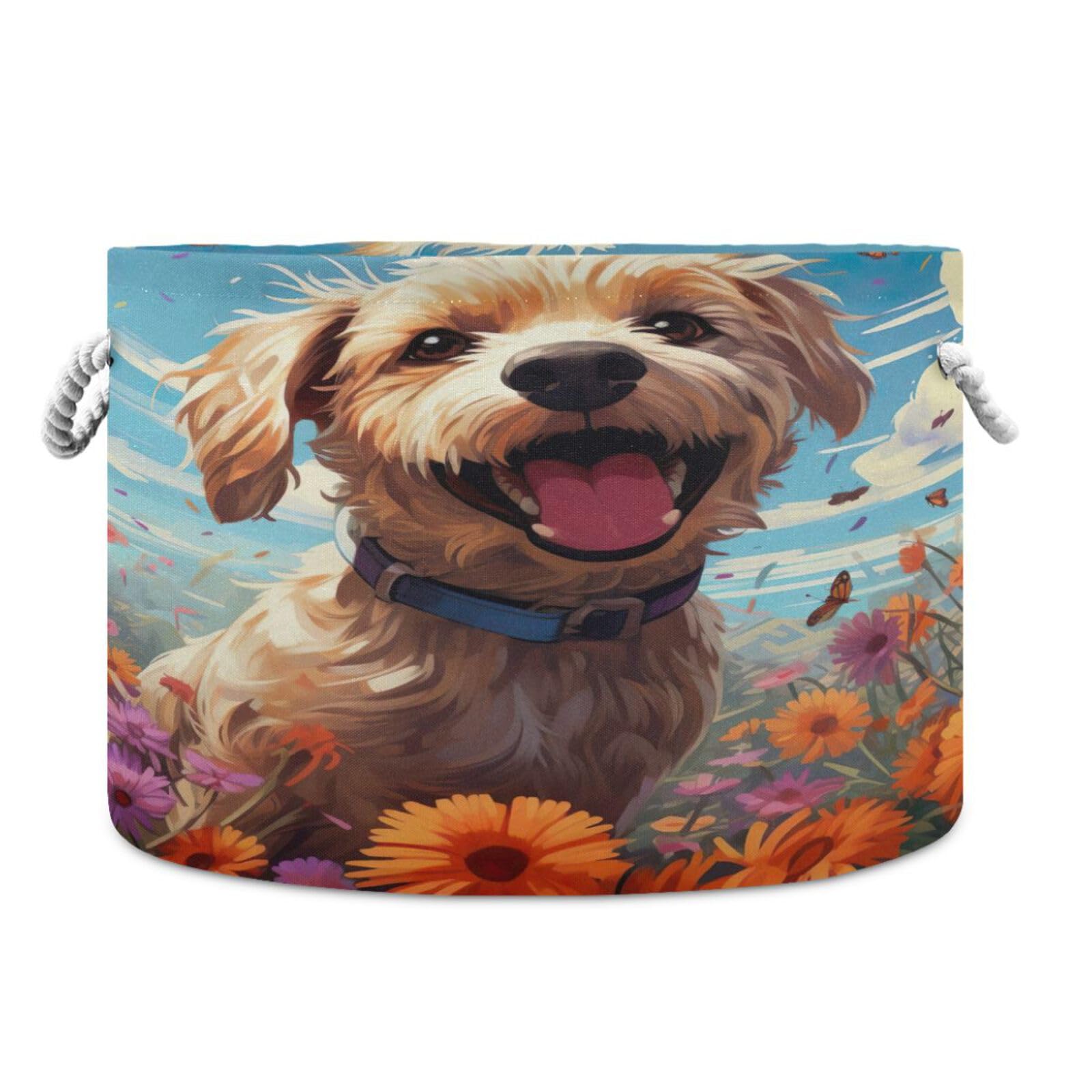 Round Cute Puppy Dog Butterfly Flower Storage Basket Large Organizer Bin Laundry Hamper Toy Storage Basket with Handle for Nursery Clothes Toys 202b4962