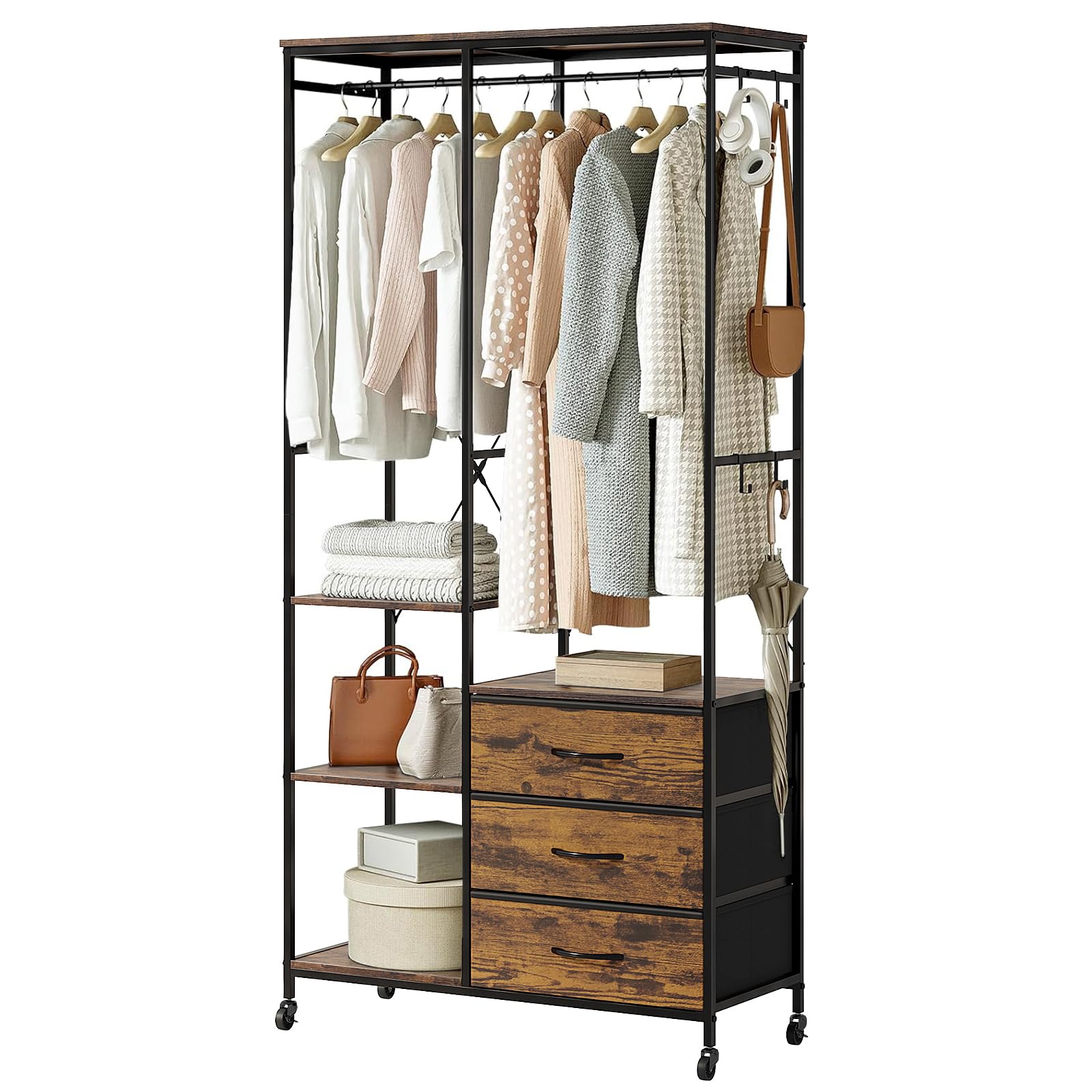 Mintnook Clothes Rack, Heavy Duty Clothes Rail, Clothing Rack for Bedroom, Metal Open Wardrobe with Hanging Rail Storage Shelf Bedroom Organizer, Rustic Brown