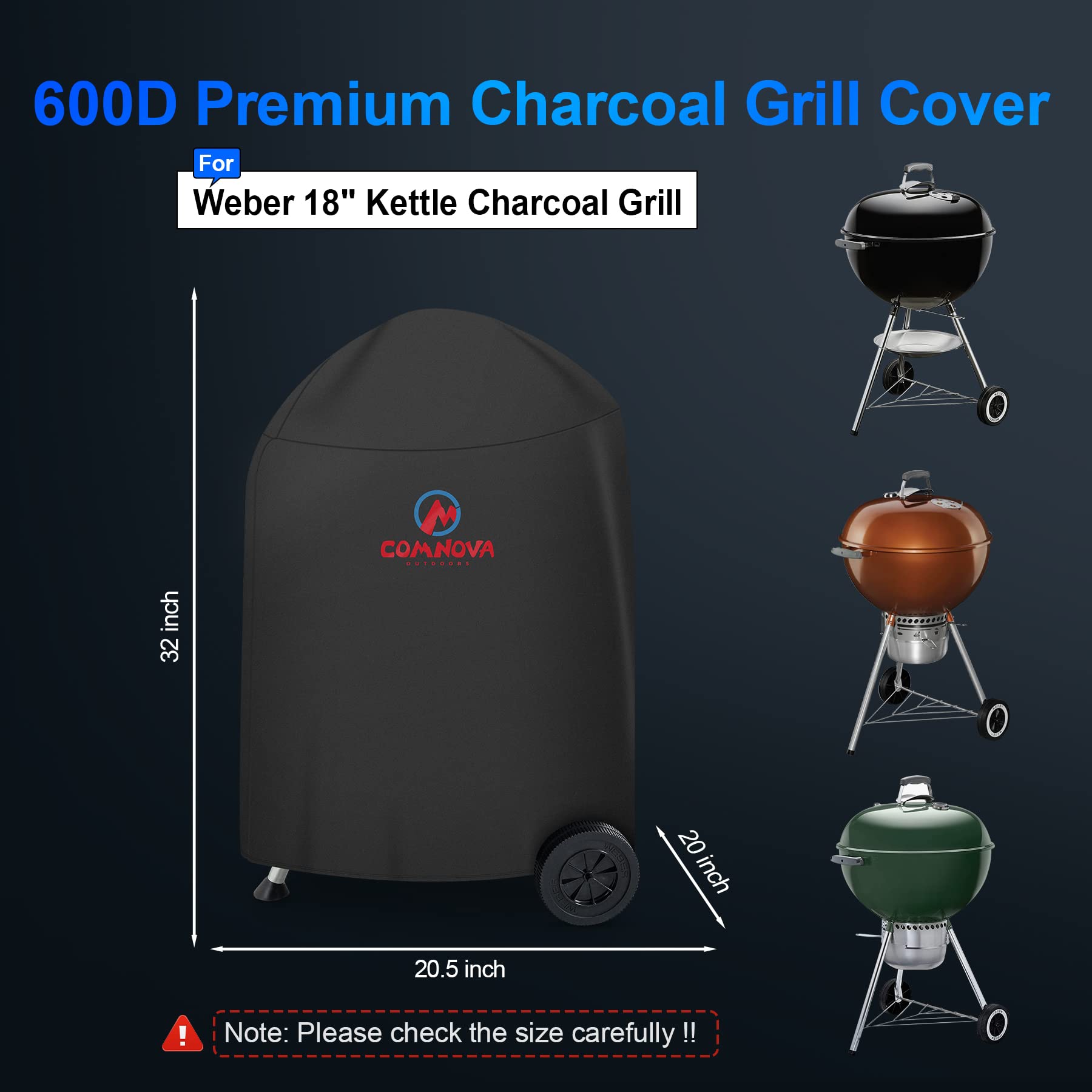 Comnova Pokrowiec na grill na węgiel drzewny 600D do grilla Weber, 45 cm, wytrzymała, wodoodporna osłona do Weber 45 cm oryginalny czajnik węglowy, 45 cm Smokey Mountain Smoker i nie tylko