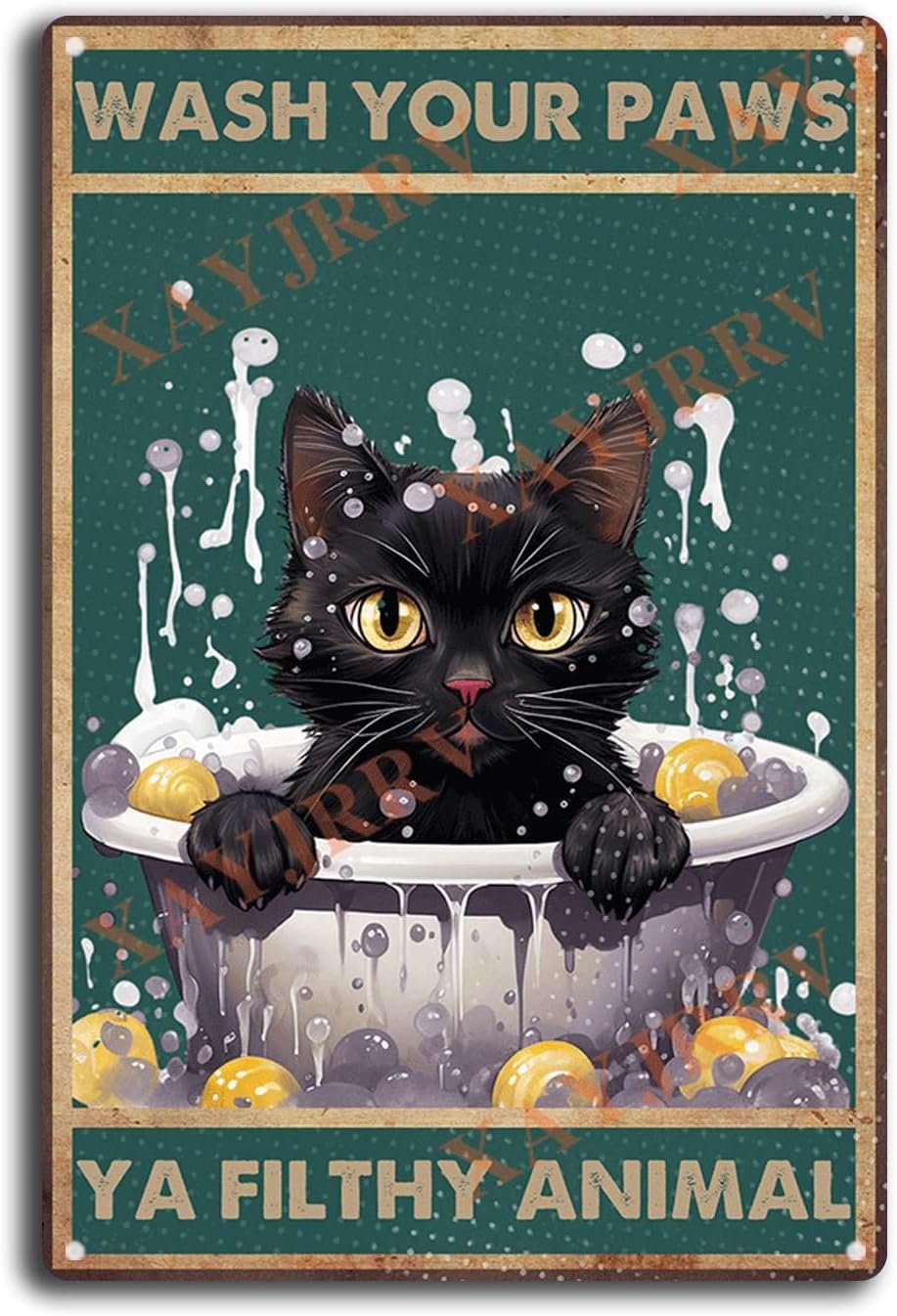 Amazon.com: Vintage Metal Tin Sign Black Cat Metal Tin Sign Wash Your ...
