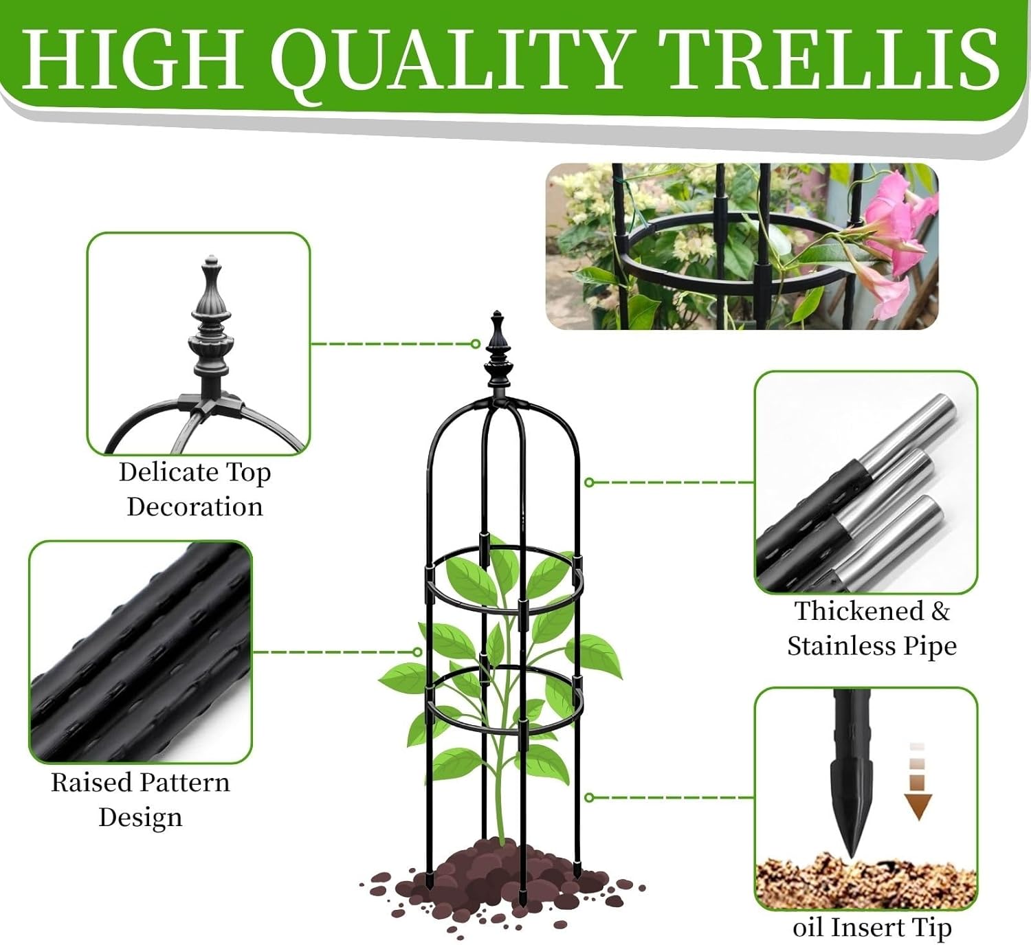 Metal Garden Trellis, Obelisk Trellis for Climbing Plants Vine Jasmine, 2' 3' 4' 5' 6' High Topiary Frame Outdoor Potted Plant Support for Sweet Bean Flower Rose Wisteria(White,20 x 120cm/0.65 x 4ft)