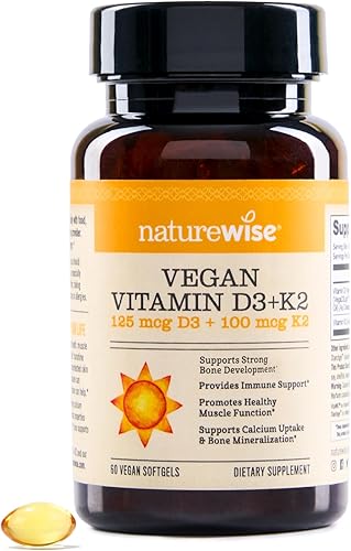 NatureWise Suplemento de vitamina D3 + K2 para apoyar la salud ósea – Suplemento de vitamina K2 D3 vegana sin ingredientes artificiales – Vitamina