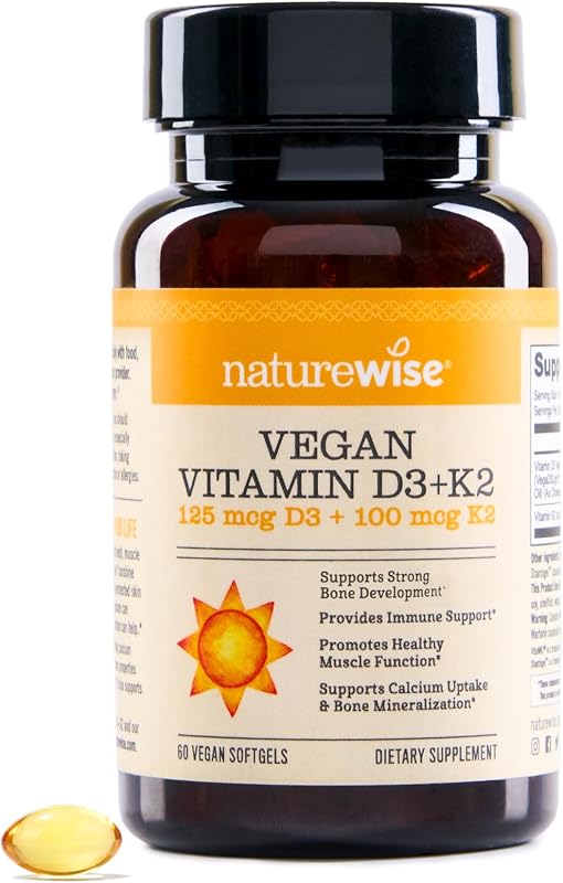 NatureWise Vegan Vitamin D3 K2 Supplement, 5000IU + 100mcg, 60 Softgels | High Absorption D3 & K2 - Organic Cold-Pressed Olive Oil - Immune & Bone Health Support - 2-Month Supply