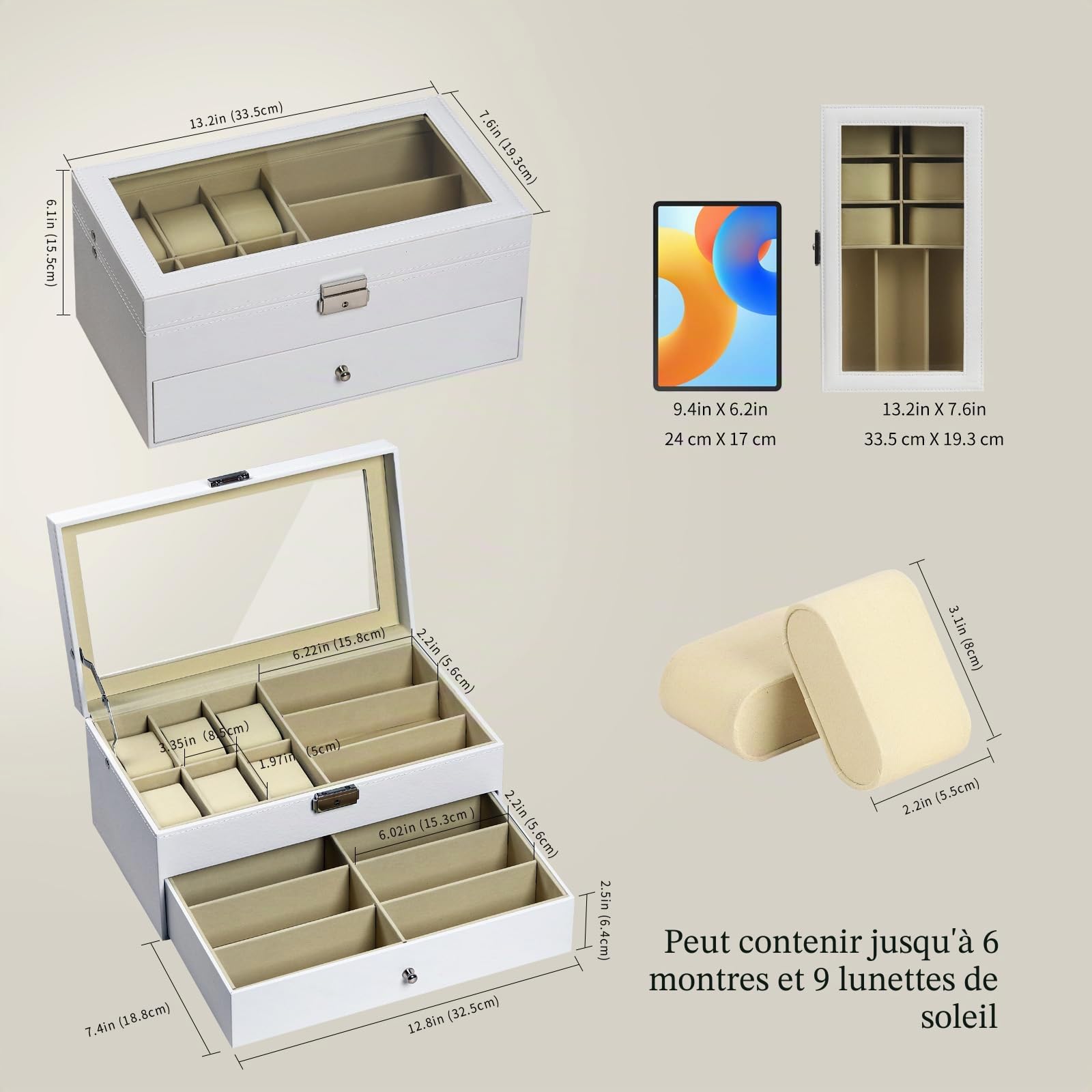 AUTOARK Boîte à bijoux en cuir pour 6 montres et 9 pièces de rangement pour lunettes de soleil avec tiroir verrouillable,Blanc,AW-131