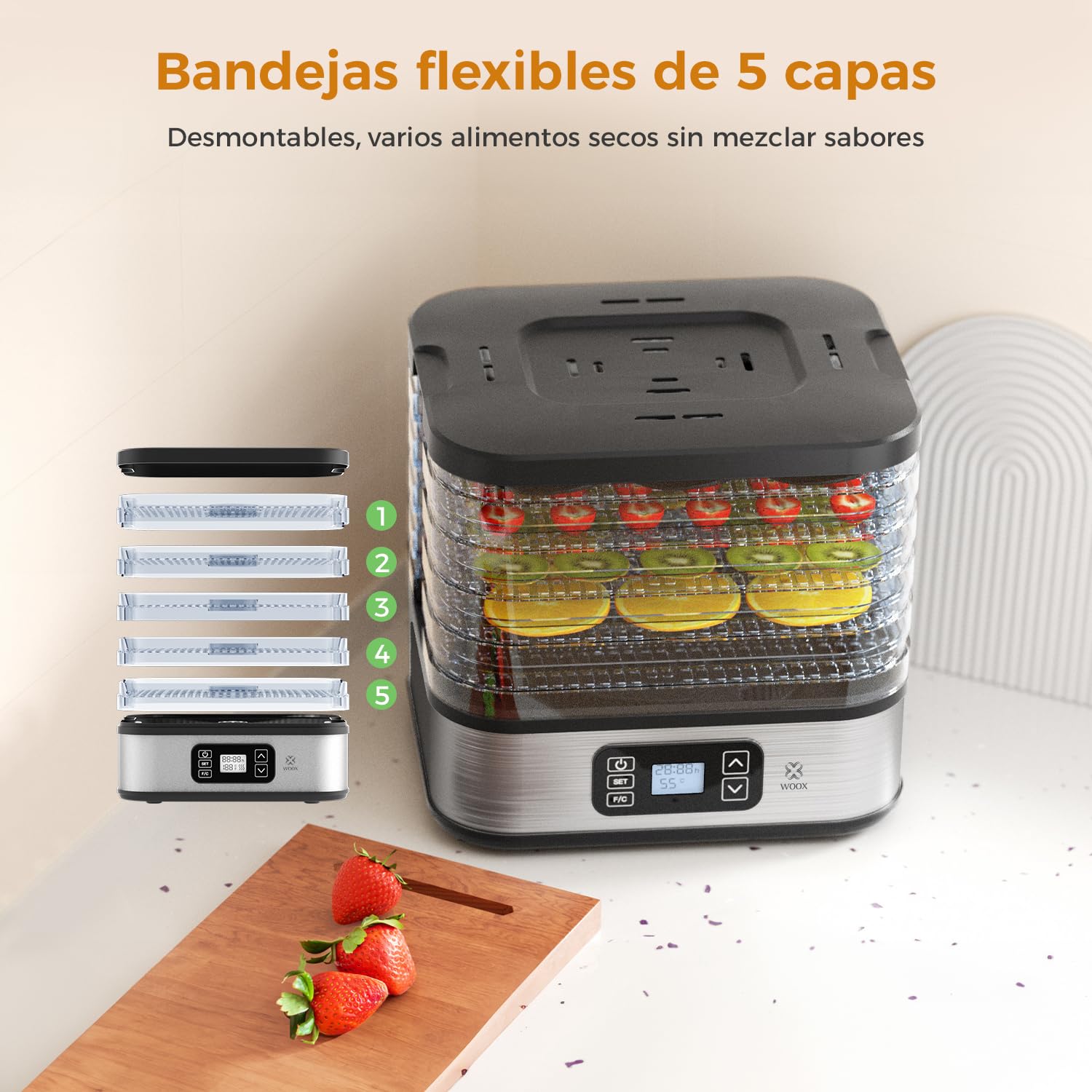 WOOX Deshidratador de Alimentos 240W, Deshidratador con 5 Bandejas Altura Regulable, Pantalla LED, Temporizador 99H y Temperatura Ajustable, Deshidratadora de Frutas y Verduras, Sin BPA
