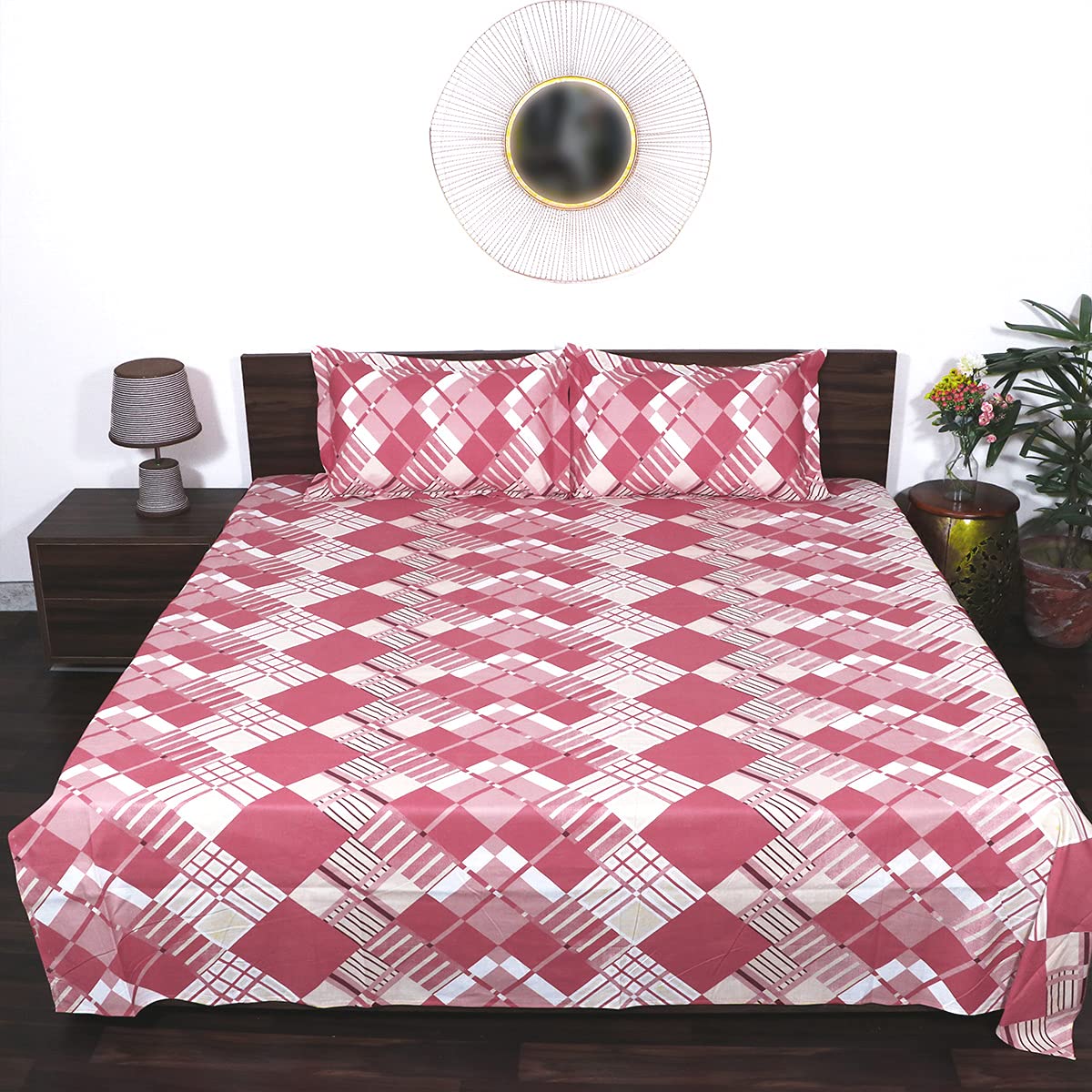 Lavish Homez 100% Cotton 144 TC Geometric Pattern 1 Double Bedsheet (90 in x 100 in) with 2 Pillow Covers - Red