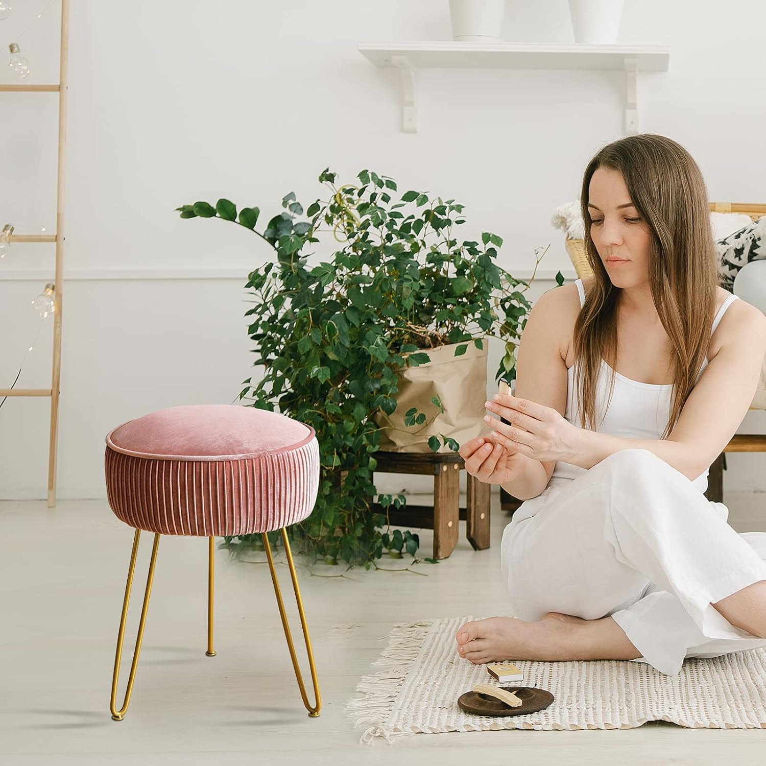 LUE BONA Velvet Vanity Stool for Makeup Room, Modern Ottoman Footrest with Metal Legs, Pink