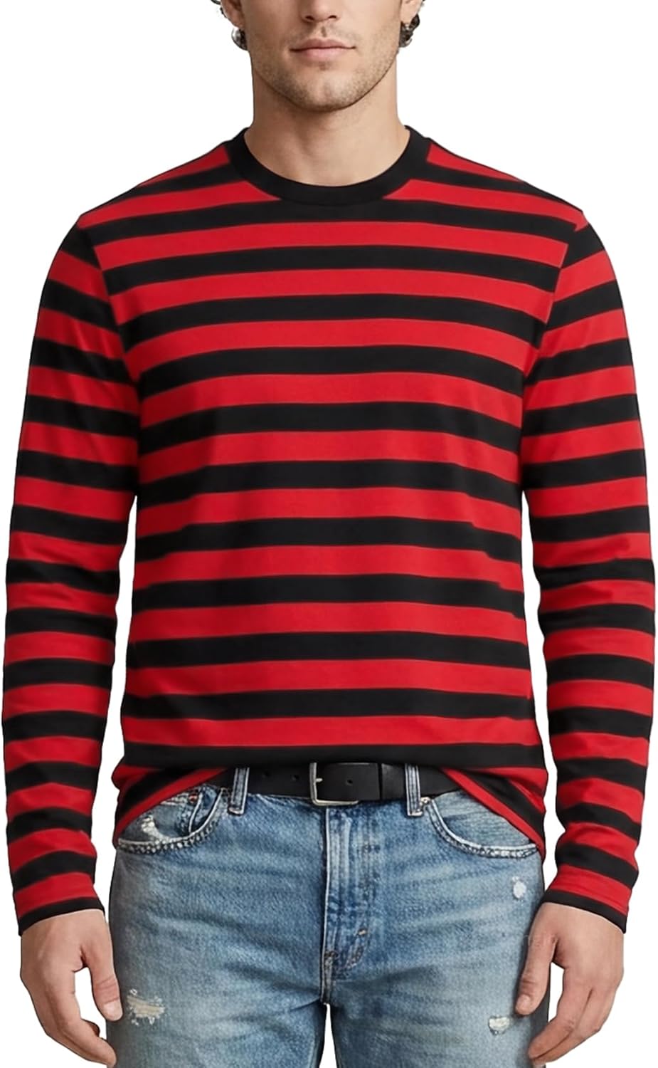 Zengjo Men's Casual Cotton Spandex Striped Crewneck Long-Sleeve T-Shirt Basic Pullover Stripe tee Shirt