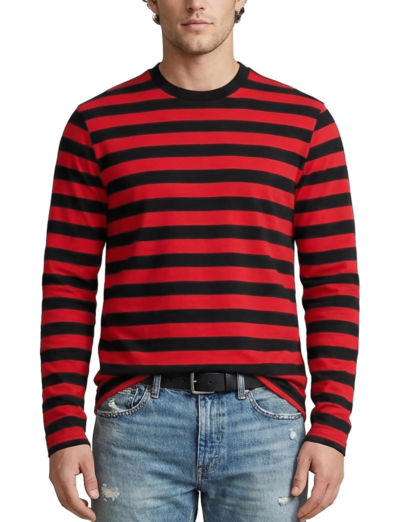 Zengjo Men's Black&Red Wide Striped Ong Seeve T Shirt, L,