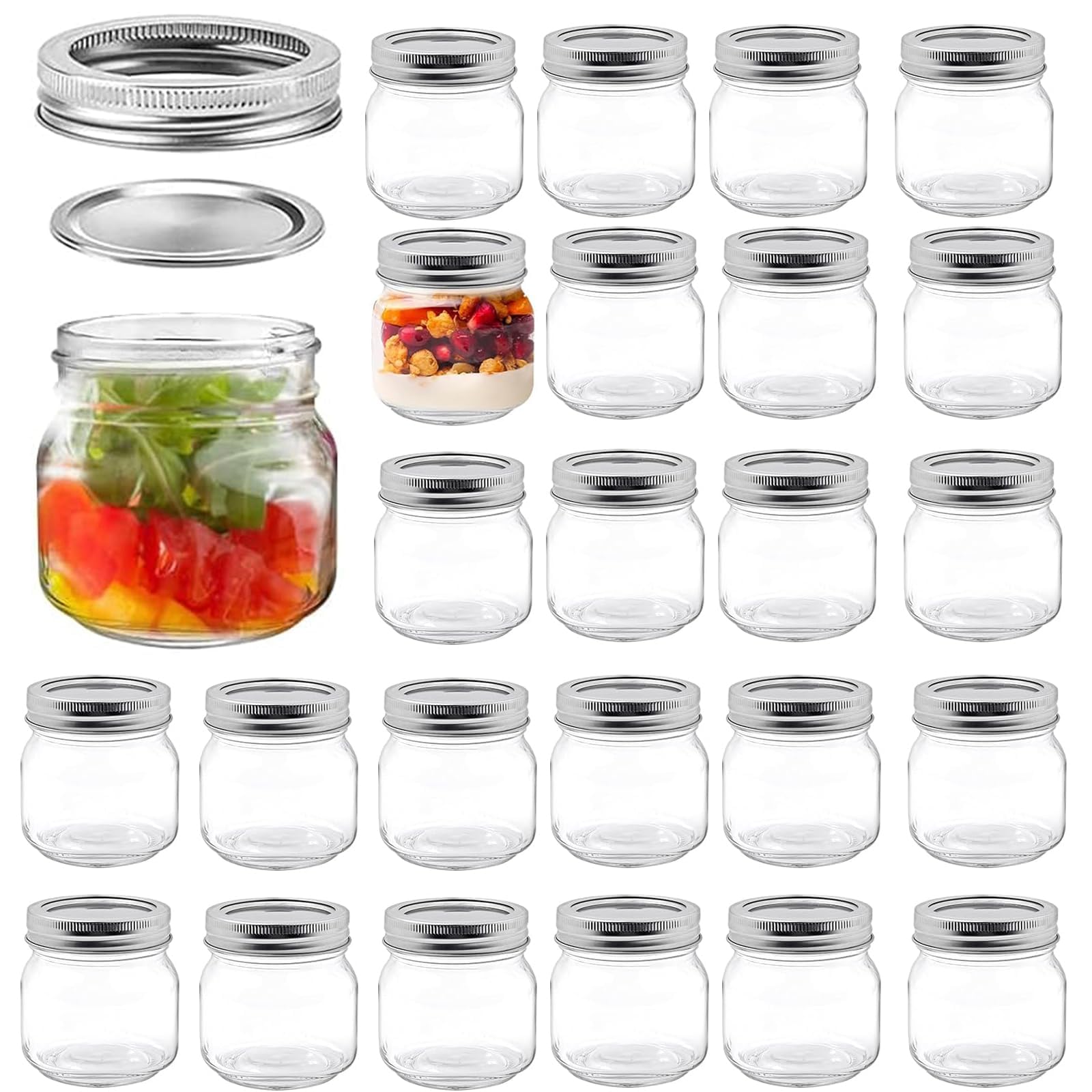 Lot de 28 Bocaux Mason sous Vide en Verre 250ml avec Couvercles Hermétiques Pots Mason Ronds Transparent pour Confiture Maison, Conservation Alimentaire, Overnight Oats, Yaourt, DIY